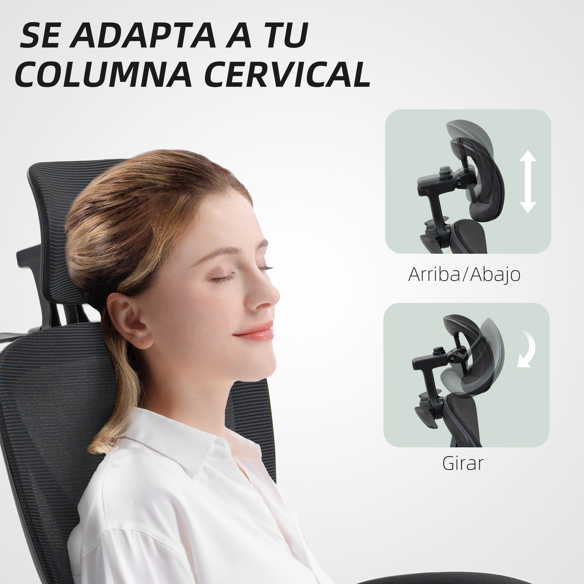 Mujer con los ojos cerrados, mostrando el reposacabezas ajustable en una silla negra.