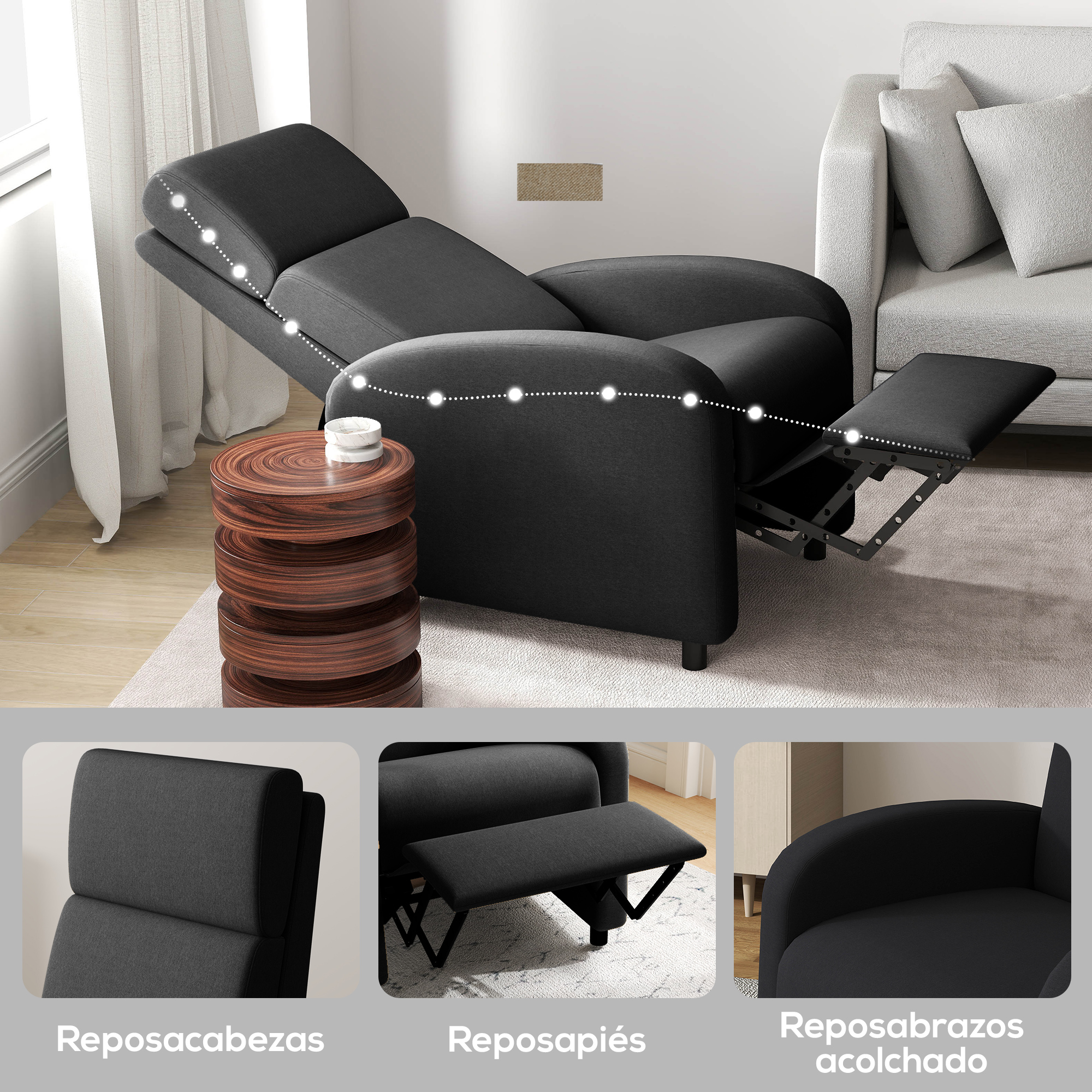 Un sillón reclinable negro con partes etiquetadas, incluyendo reposacabezas y reposapiés.