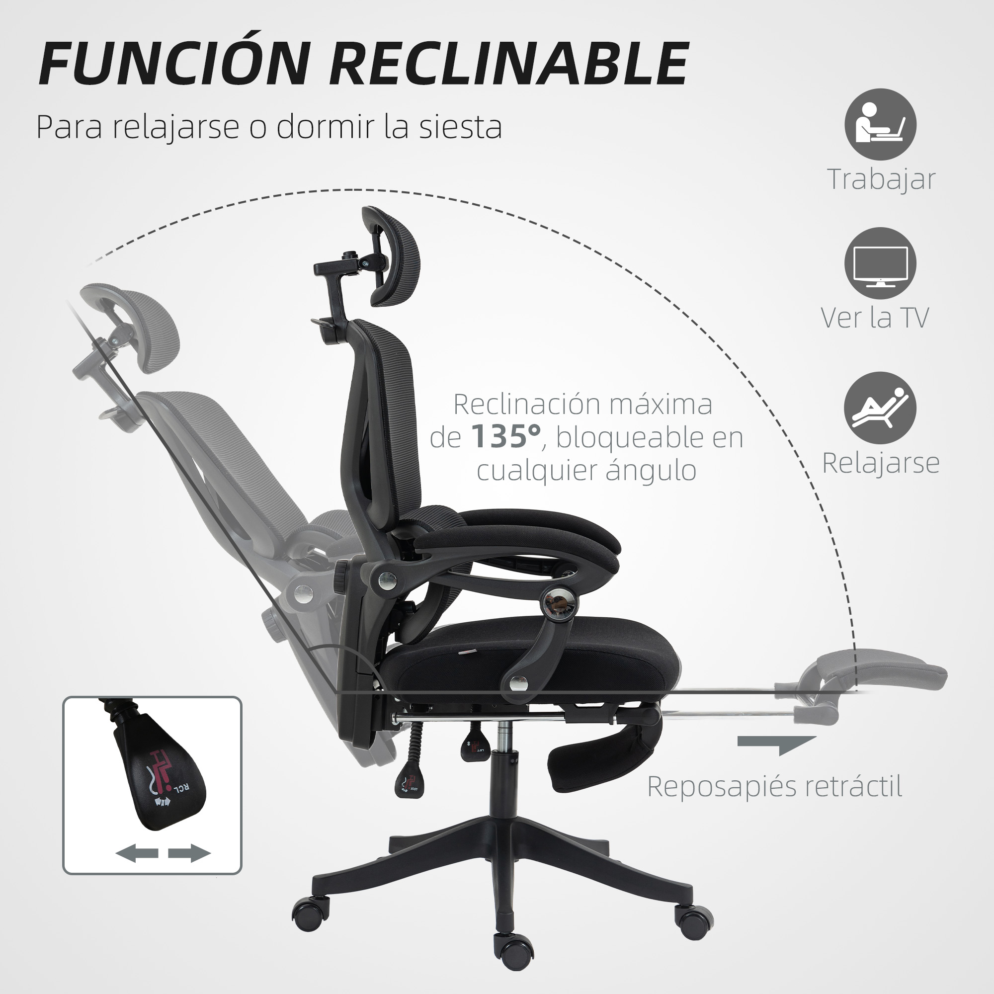 Silla de oficina negra con funciones reclinables, diagramas mostrando ángulos y reposapiés.