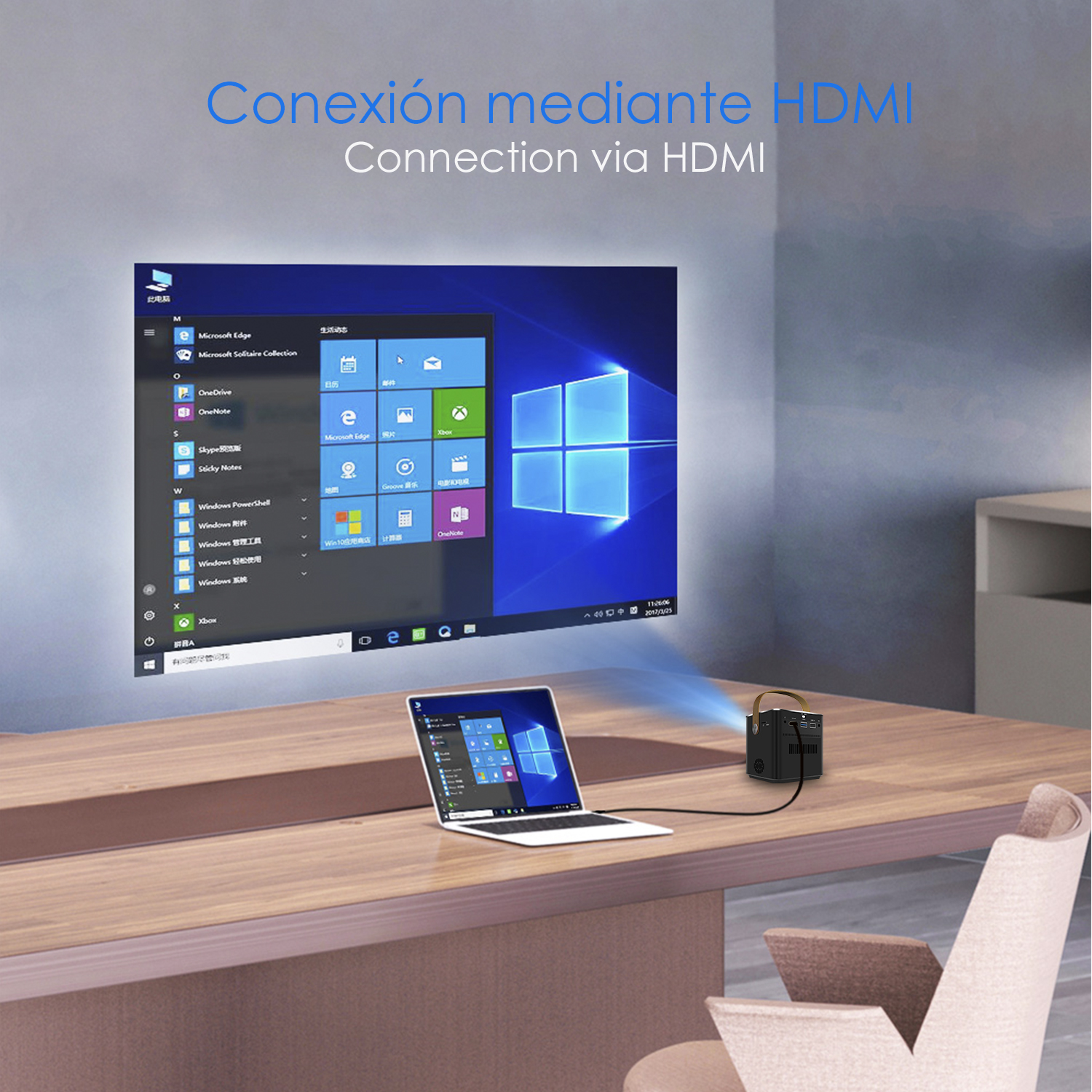 Un laptop collegato a un proiettore tramite HDMI, che mostra un'interfaccia Windows su un muro.