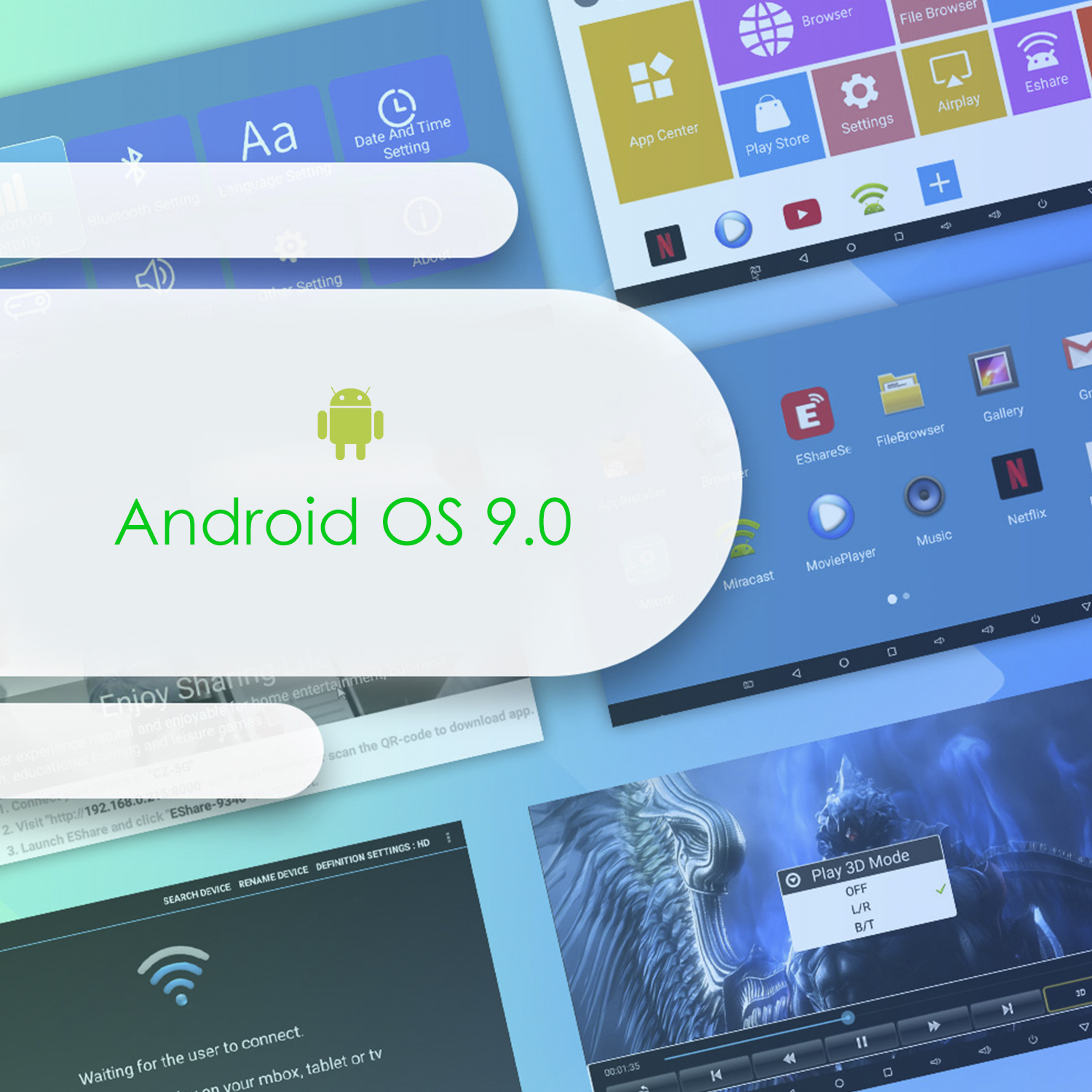Un display con l'interfaccia Android OS 9.0, con varie icone di app.