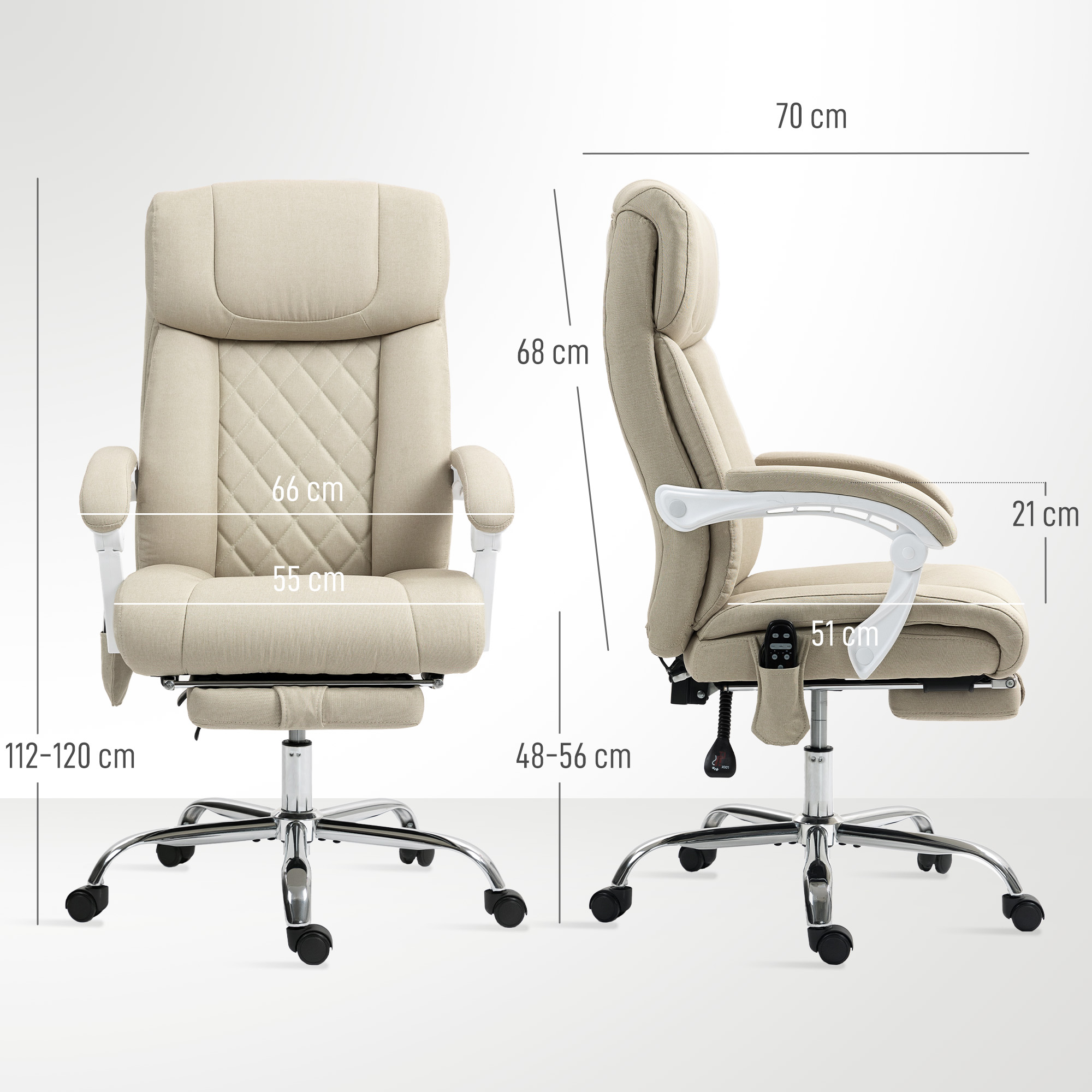 Silla de oficina beige con medidas detalladas en centímetros, mostrada desde la vista frontal y lateral.