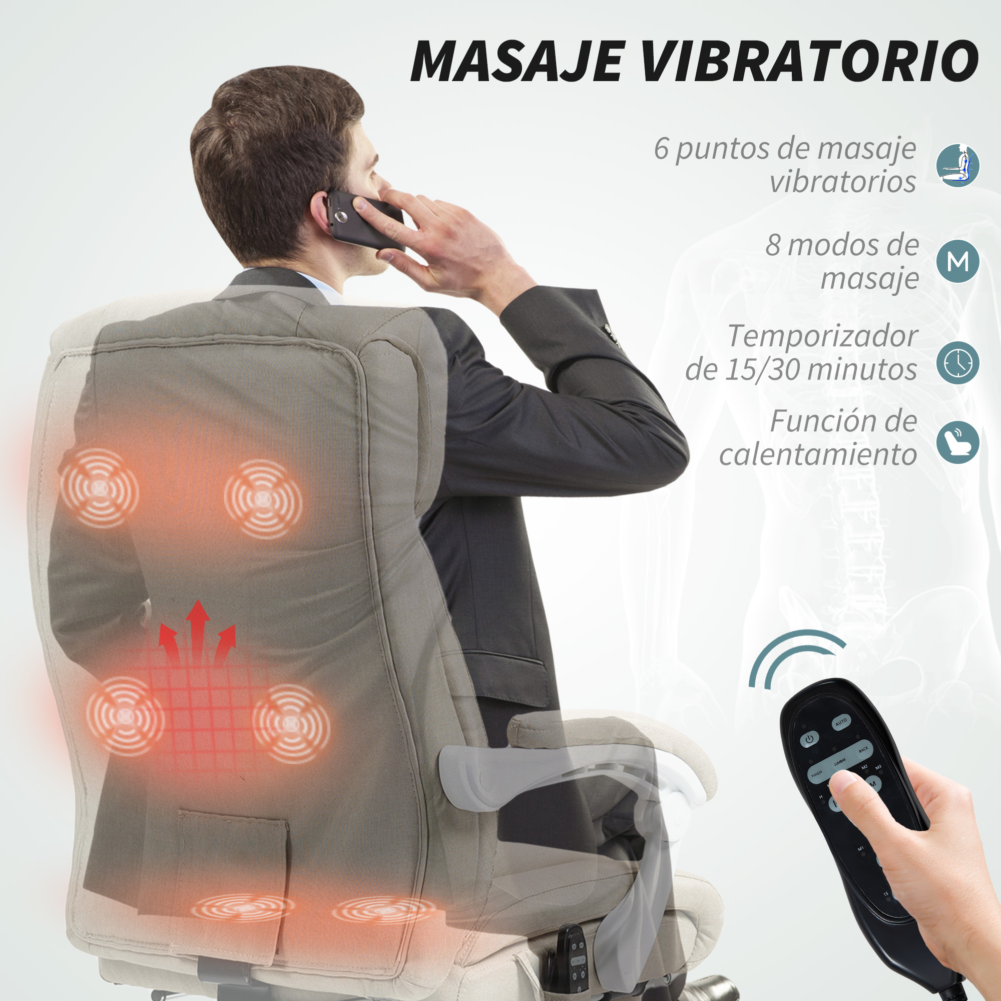 Hombre usando un teléfono, demostrando las funciones de masaje de una silla con un mando.