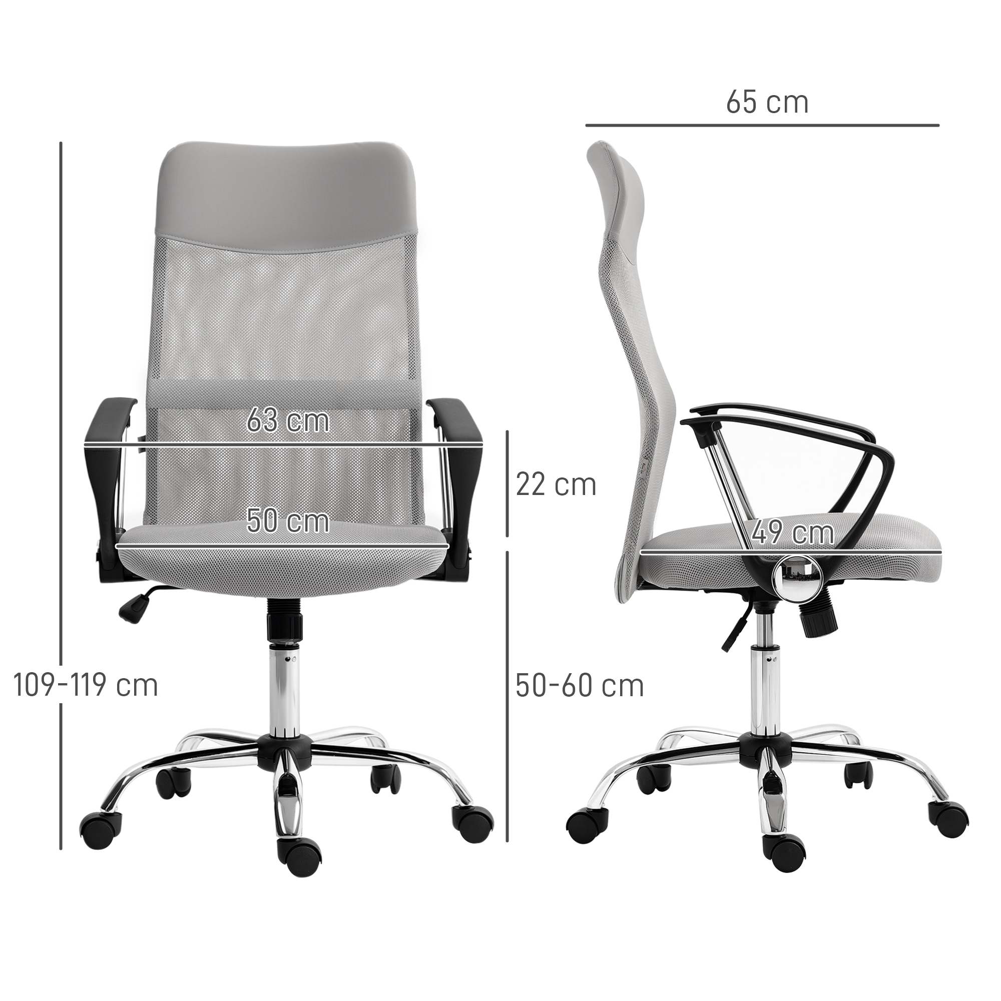 Sedia da ufficio grigia con dimensioni. Vista frontale e laterale. Schienale in rete, braccioli. Base cromata con ruote. Misure indicate.