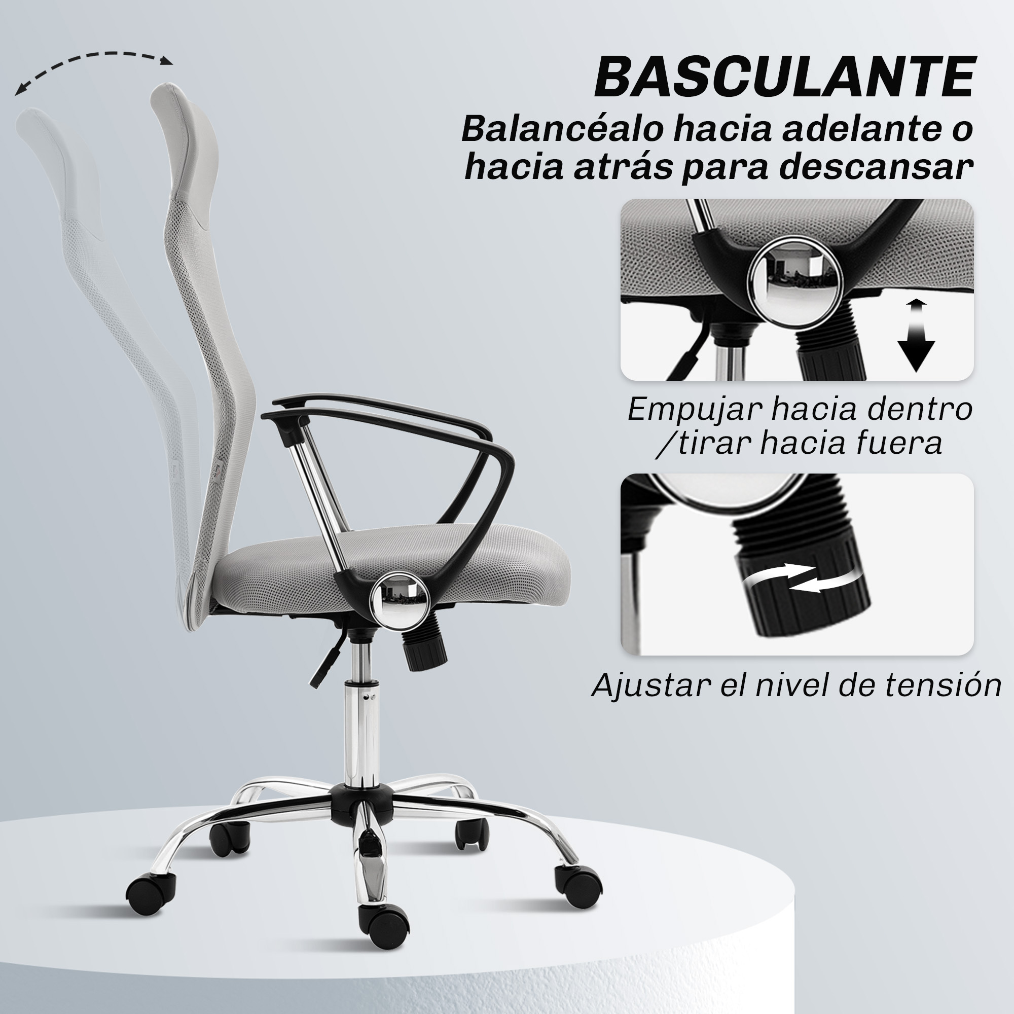 Silla de oficina con respaldo de malla, reposabrazos ajustables y base cromada, con ajuste de ángulo.