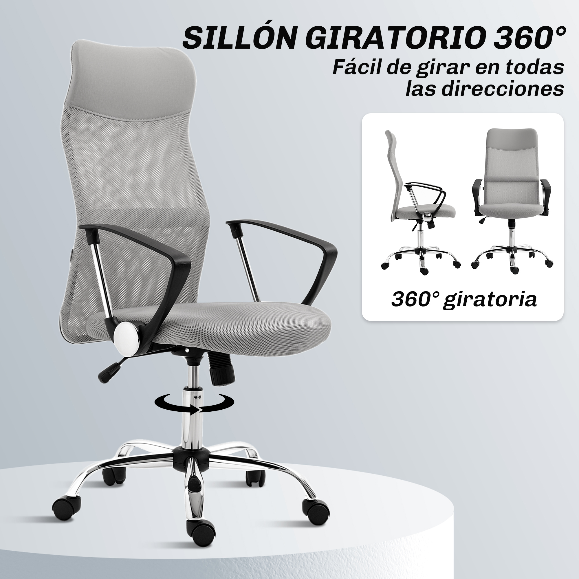 Silla de oficina gris con giro de 360°. Vistas frontal y lateral, mostradas sobre una superficie blanca. Base negra con ruedas.