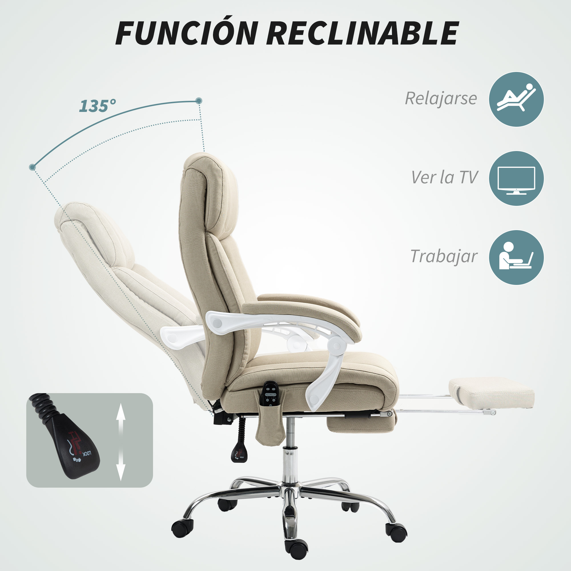 Silla de oficina reclinable con reposapiés, que muestra un ángulo de 135°. Iconos muestran relax, TV y trabajo.