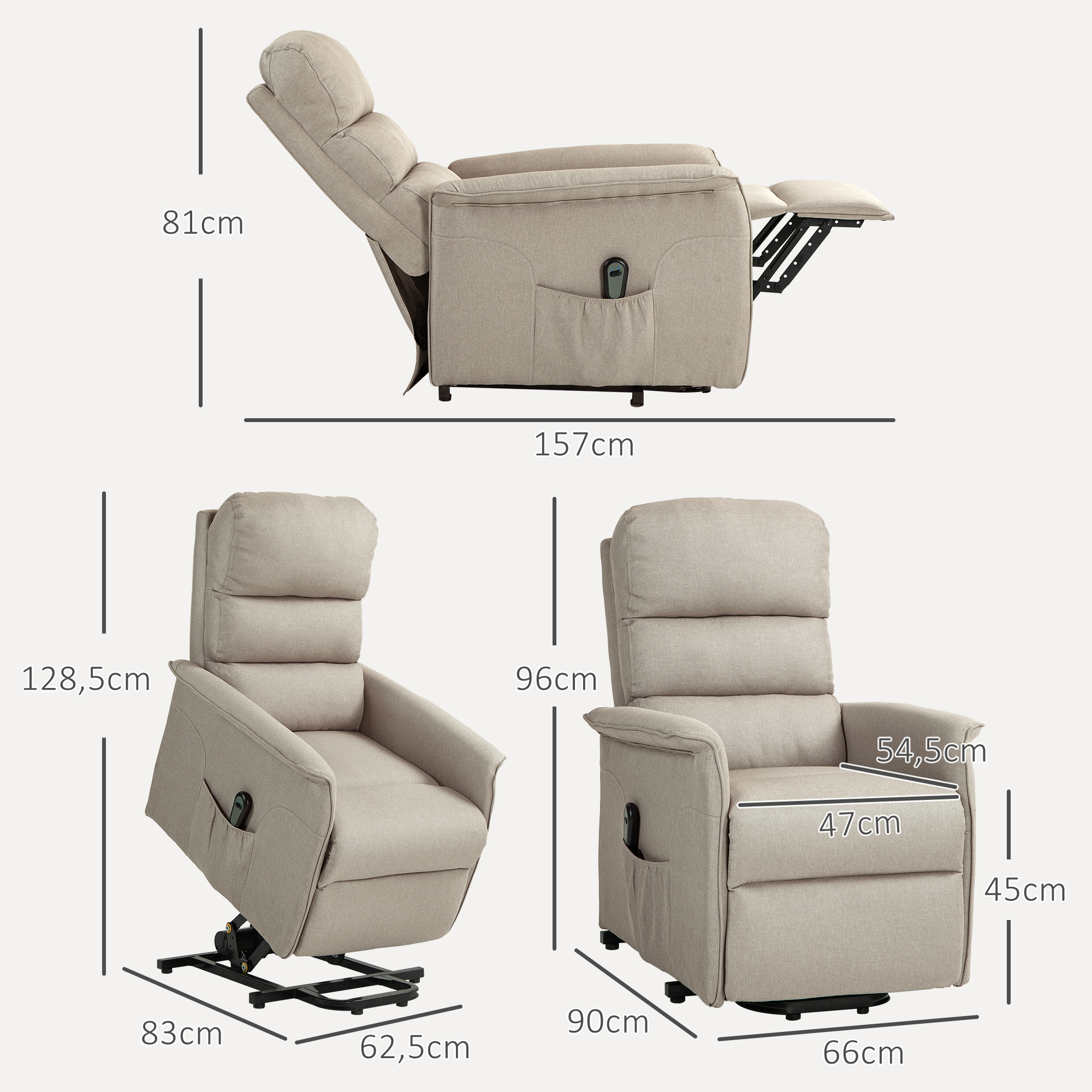 Sillón reclinable beige en tres posiciones: vertical, reclinado y elevado. Se indican las dimensiones.