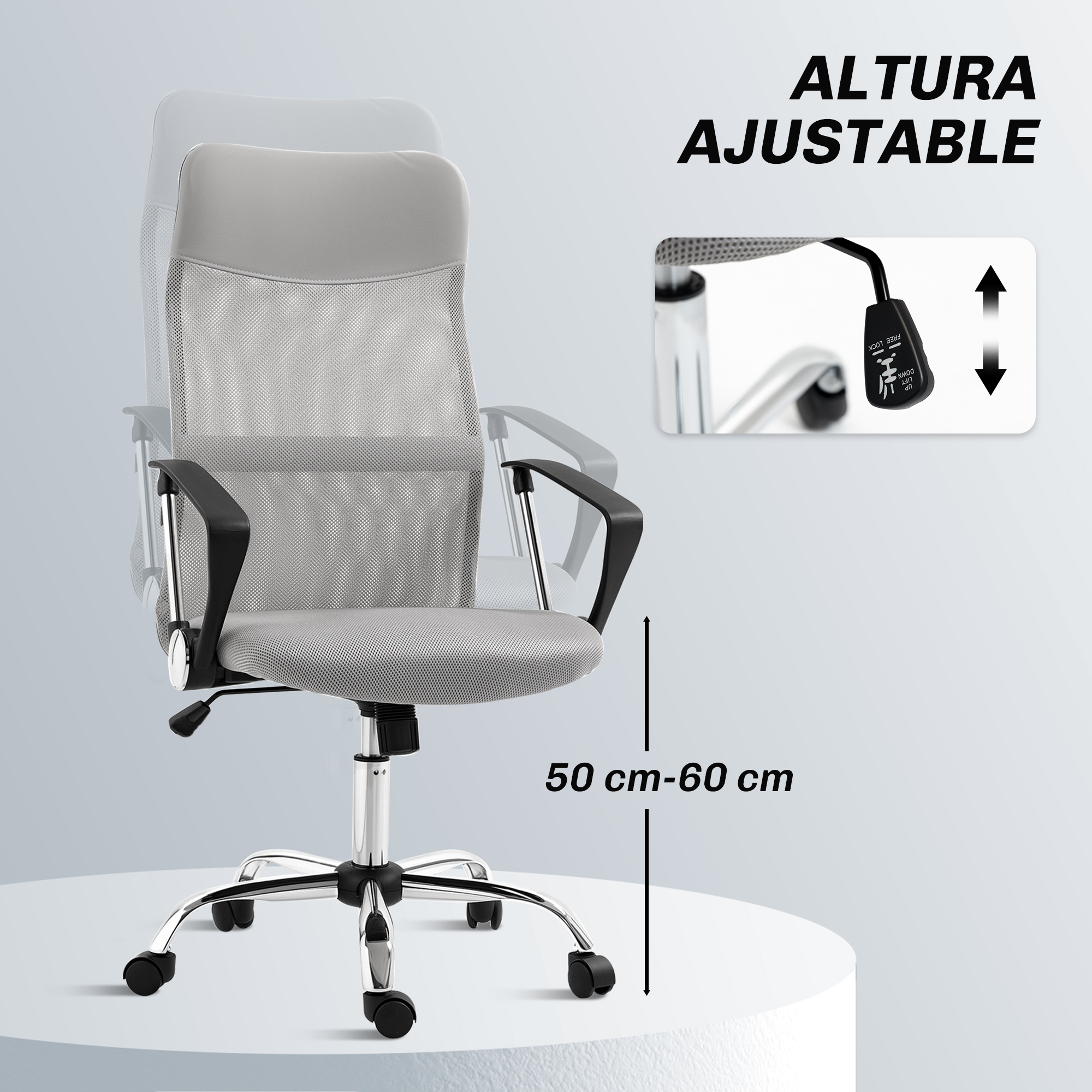Silla de oficina de altura ajustable. Respaldo y asiento de malla gris, reposabrazos y base negros. Rango de ajuste de altura indicado.
