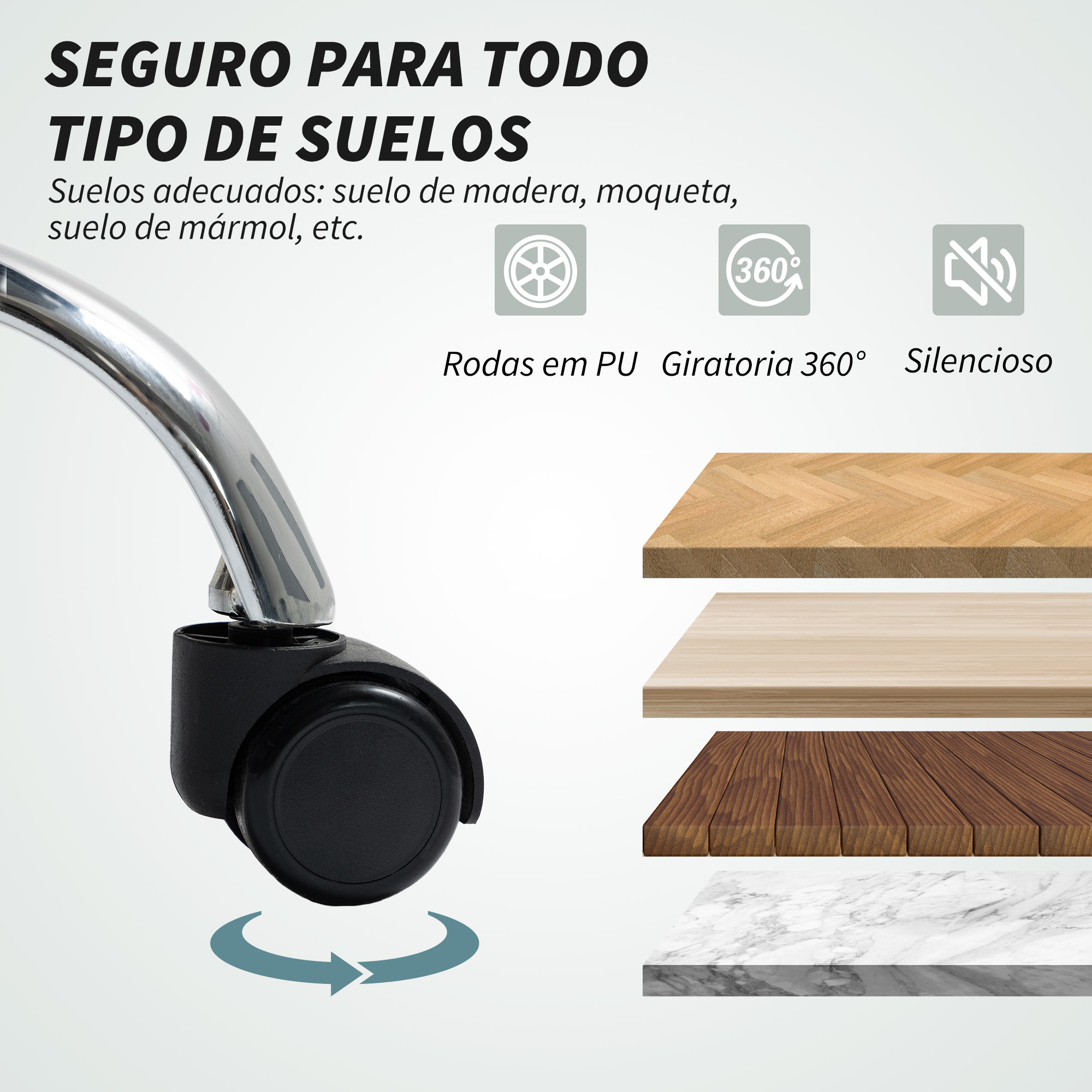 Primer plano de una rueda de silla. Muestra diferentes tipos de suelo: madera, alfombra y mármol. Se representa una rotación de 360 grados.