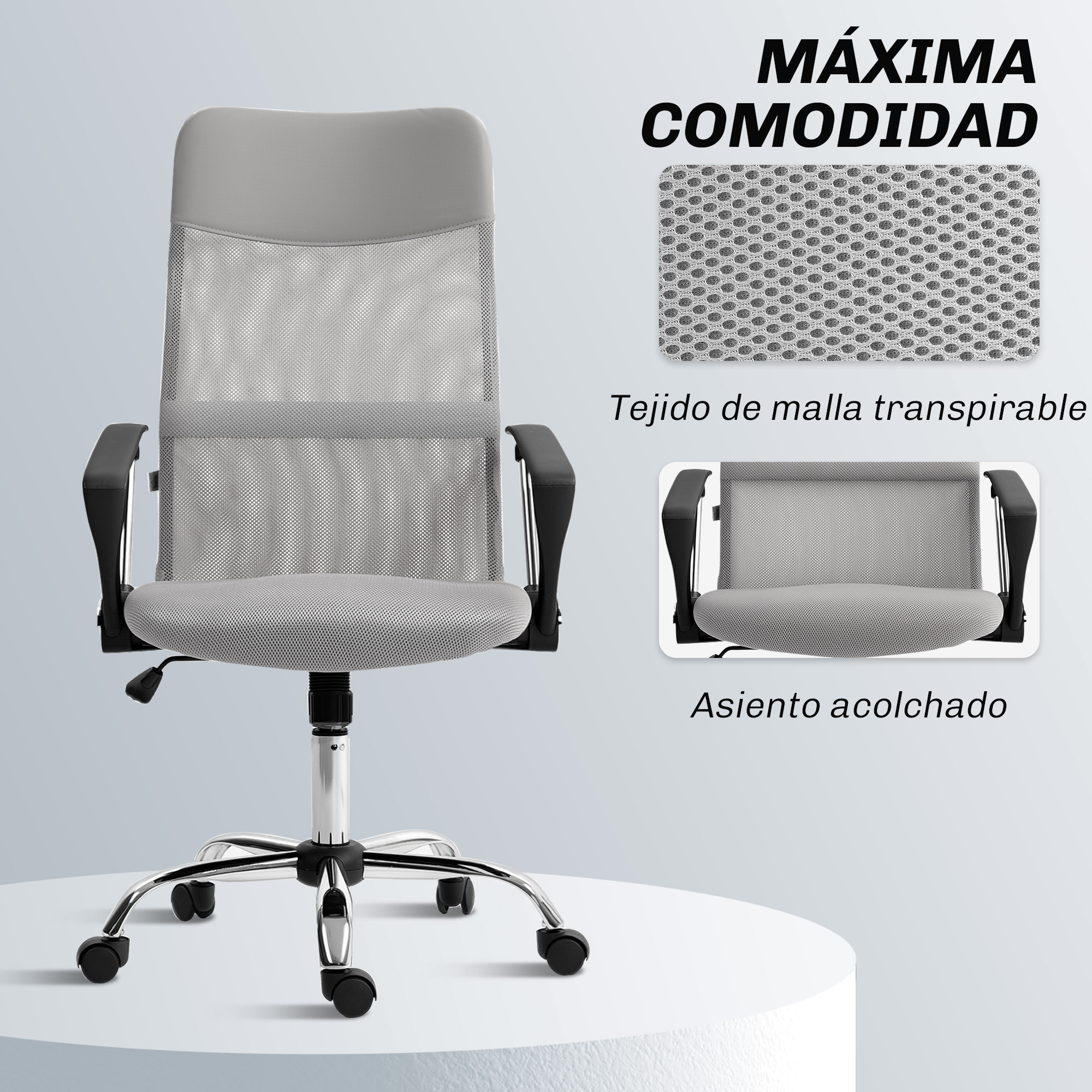 Silla de oficina con respaldo de malla y asiento acolchado. Muestra malla transpirable y asiento acolchado. Base cromada.