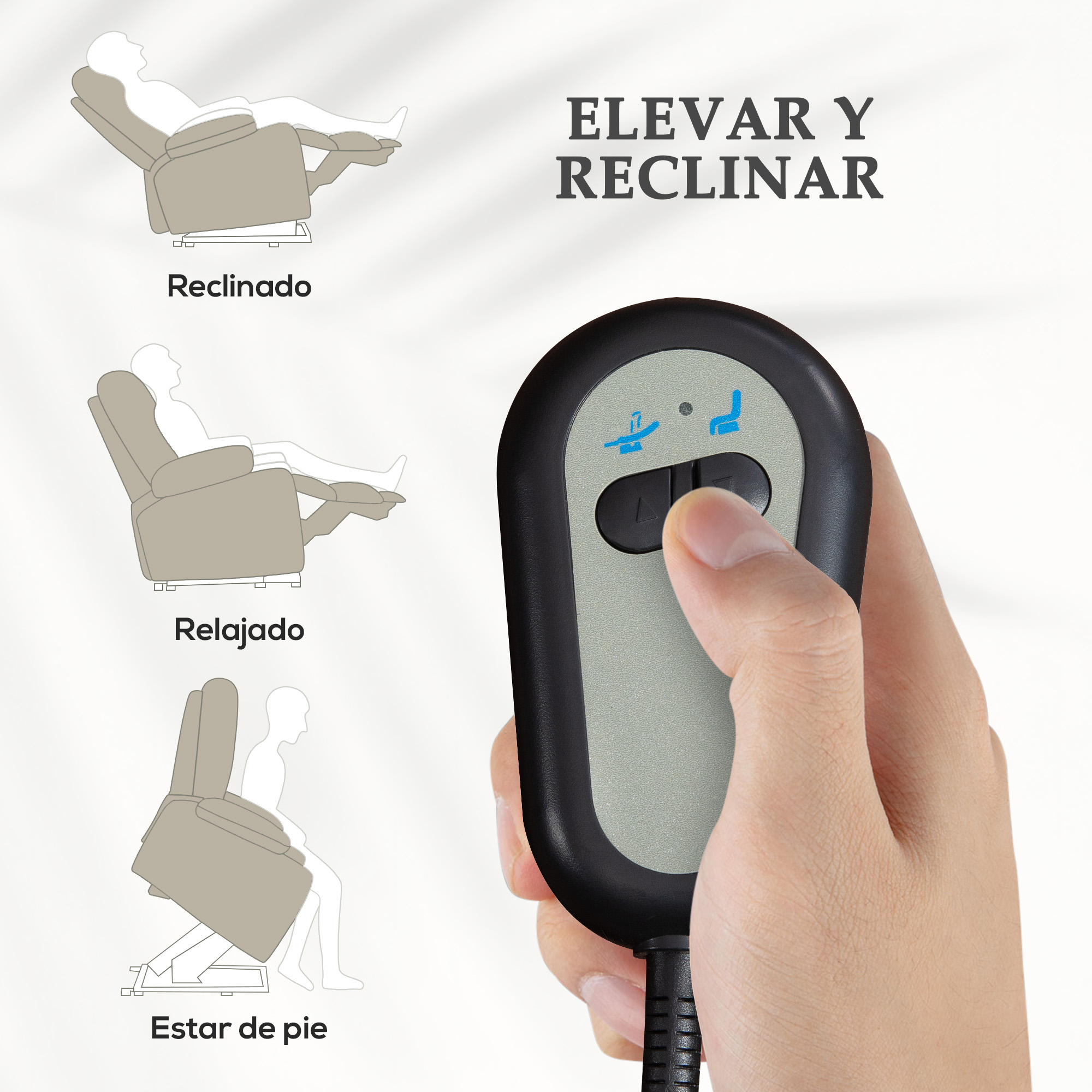 Mano operando el control remoto del sillón reclinable, con iconos que muestran posiciones: reclinado, relajado, de pie.