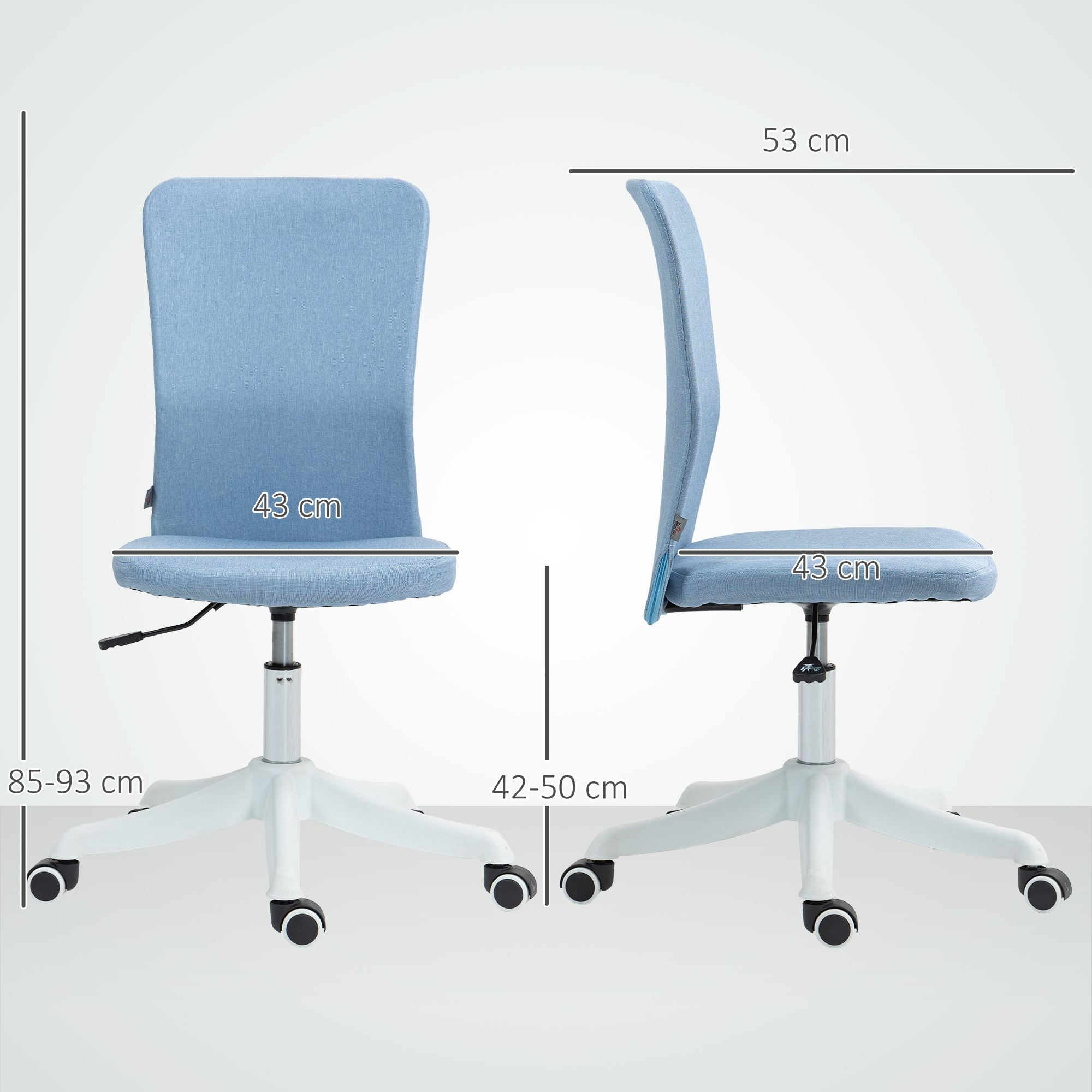 Silla de tela azul con dimensiones. Vista lateral y frontal con medidas en cm.