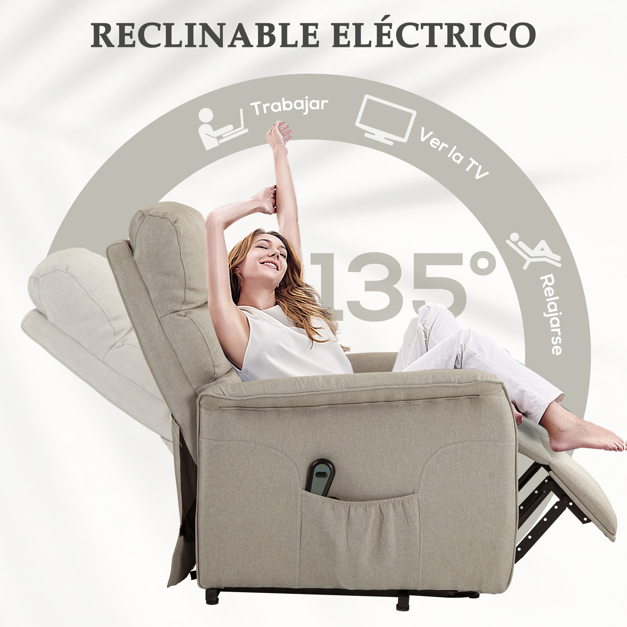 Mujer reclinada en sillón eléctrico. Texto: Reclinable Eléctrico. Iconos: trabajo, TV y relajación.