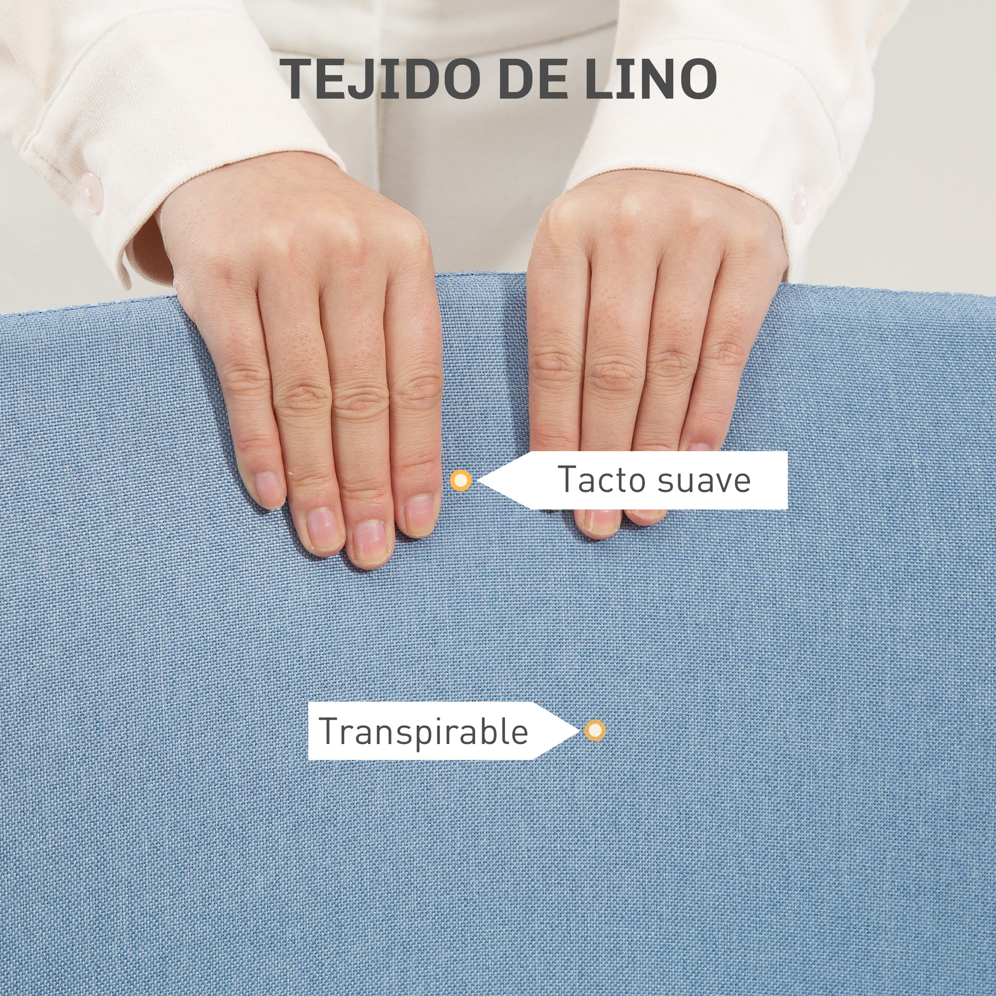 Manos tocando tela de lino azul. Etiquetas de texto indican tacto suave y transpirable.