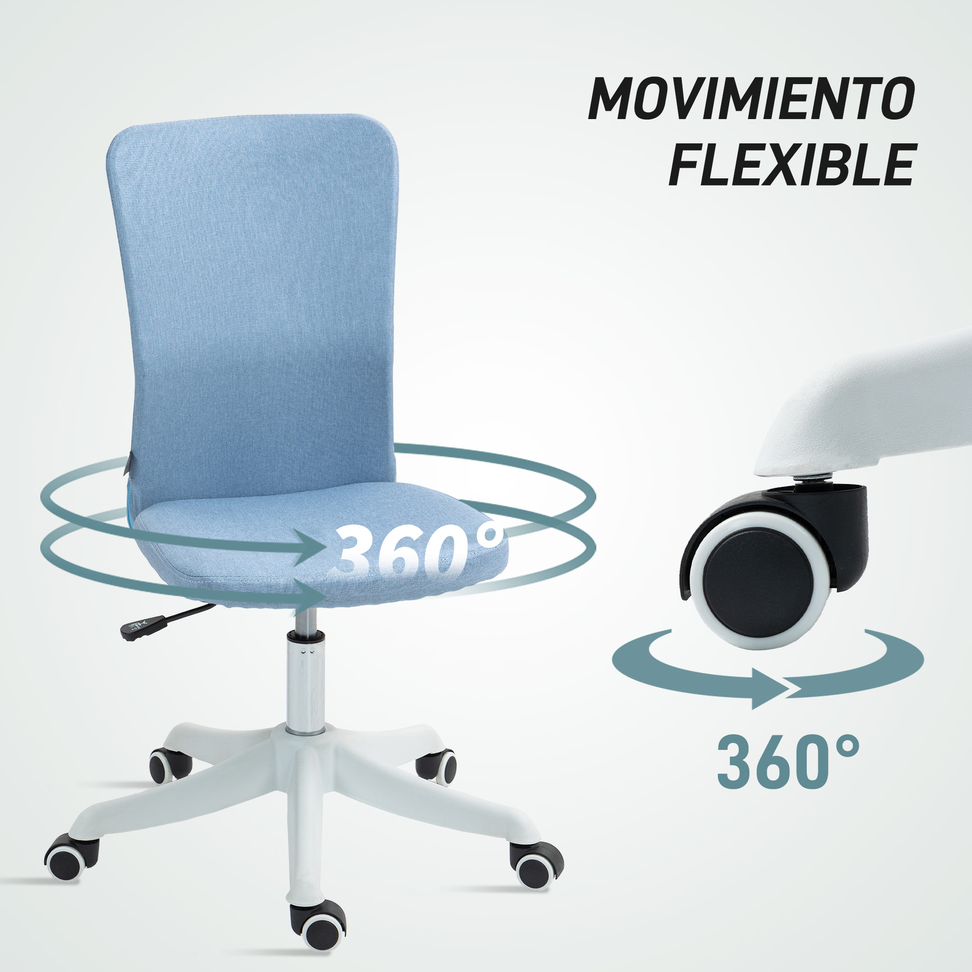 Silla azul con base blanca, que muestra flechas de rotación de 360 grados. Se muestran las palabras 'MOVIMIENTO FLEXIBLE'.