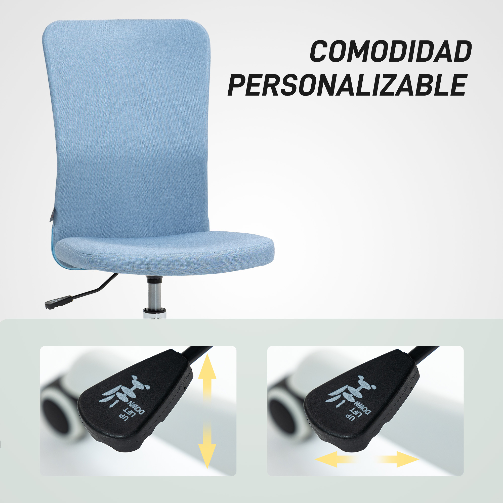 Silla azul claro con ajustes. Se muestran las palabras 'COMODIDAD PERSONALIZABLE'. Se muestran dos palancas para el ajuste.