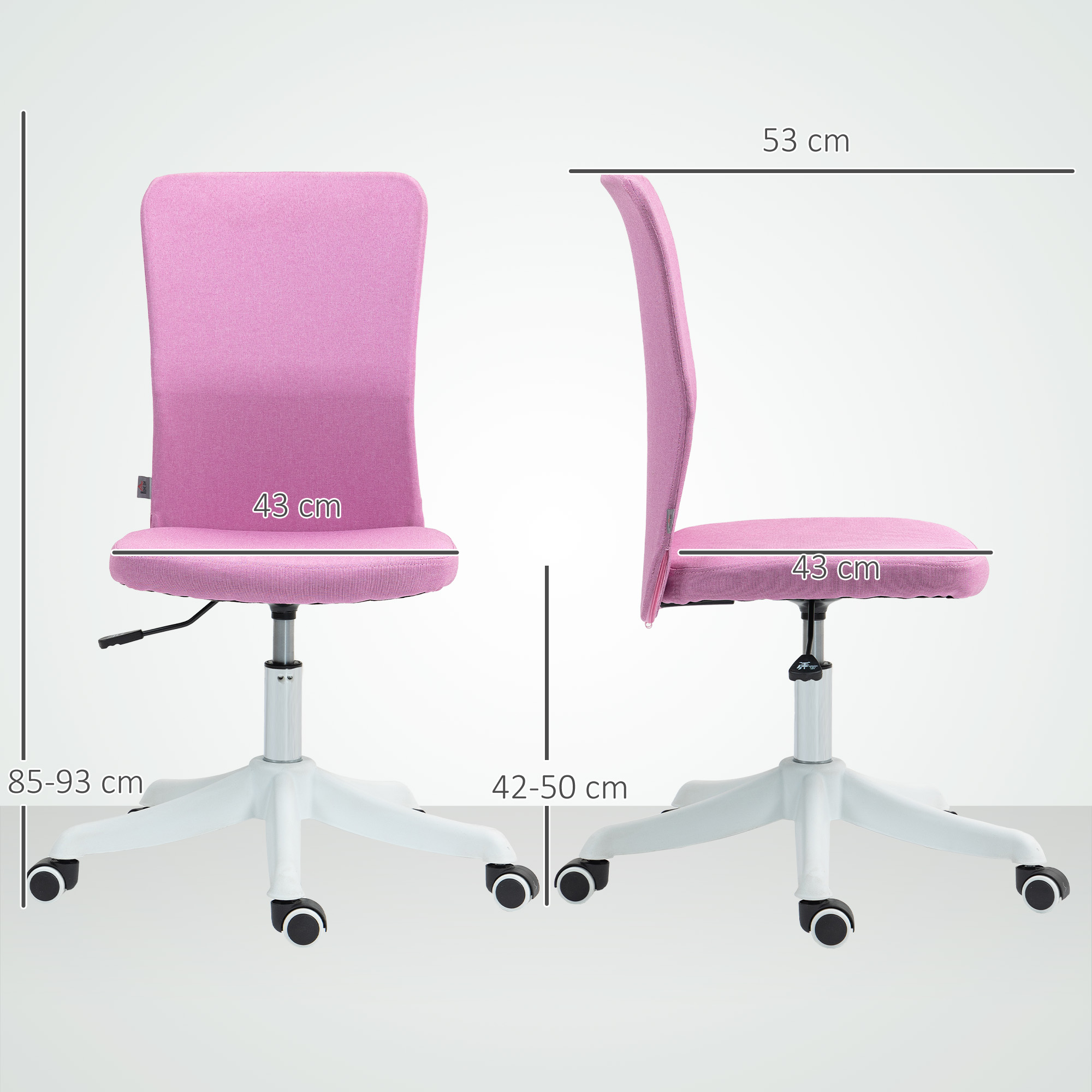 Silla de oficina rosa con dimensiones etiquetadas. Tiene respaldo y asiento rosas y una base blanca con ruedas. Fondo liso.