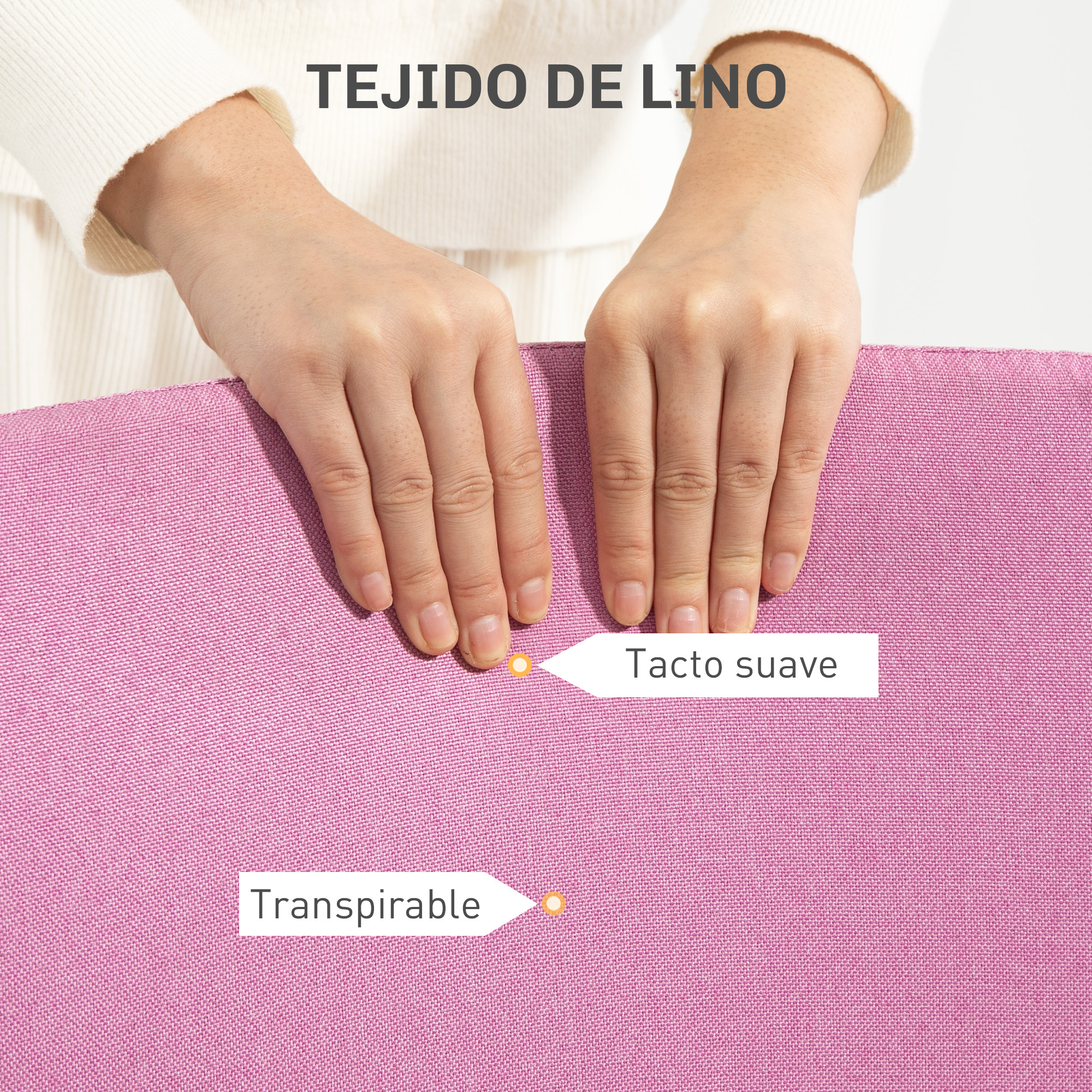 Manos tocando tela rosa, mostrando tacto suave y transpirabilidad. El texto dice que es lino.