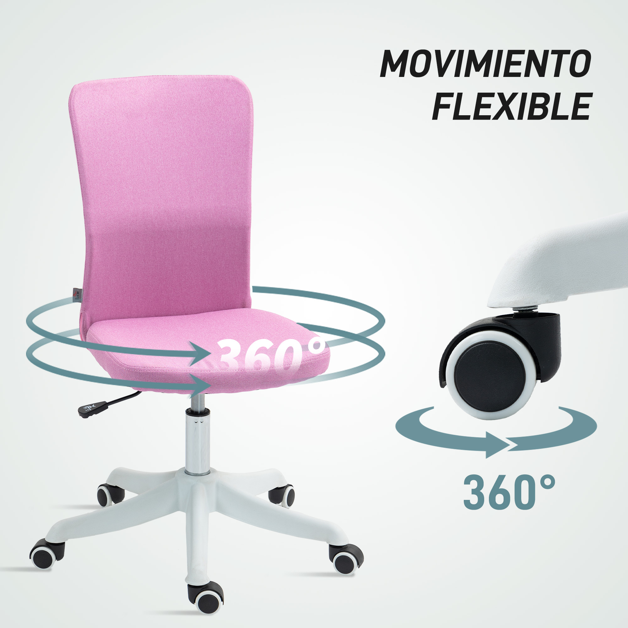Silla de oficina rosa con ruedas y asiento giratorios de 360 grados, con flecha que muestra el movimiento.