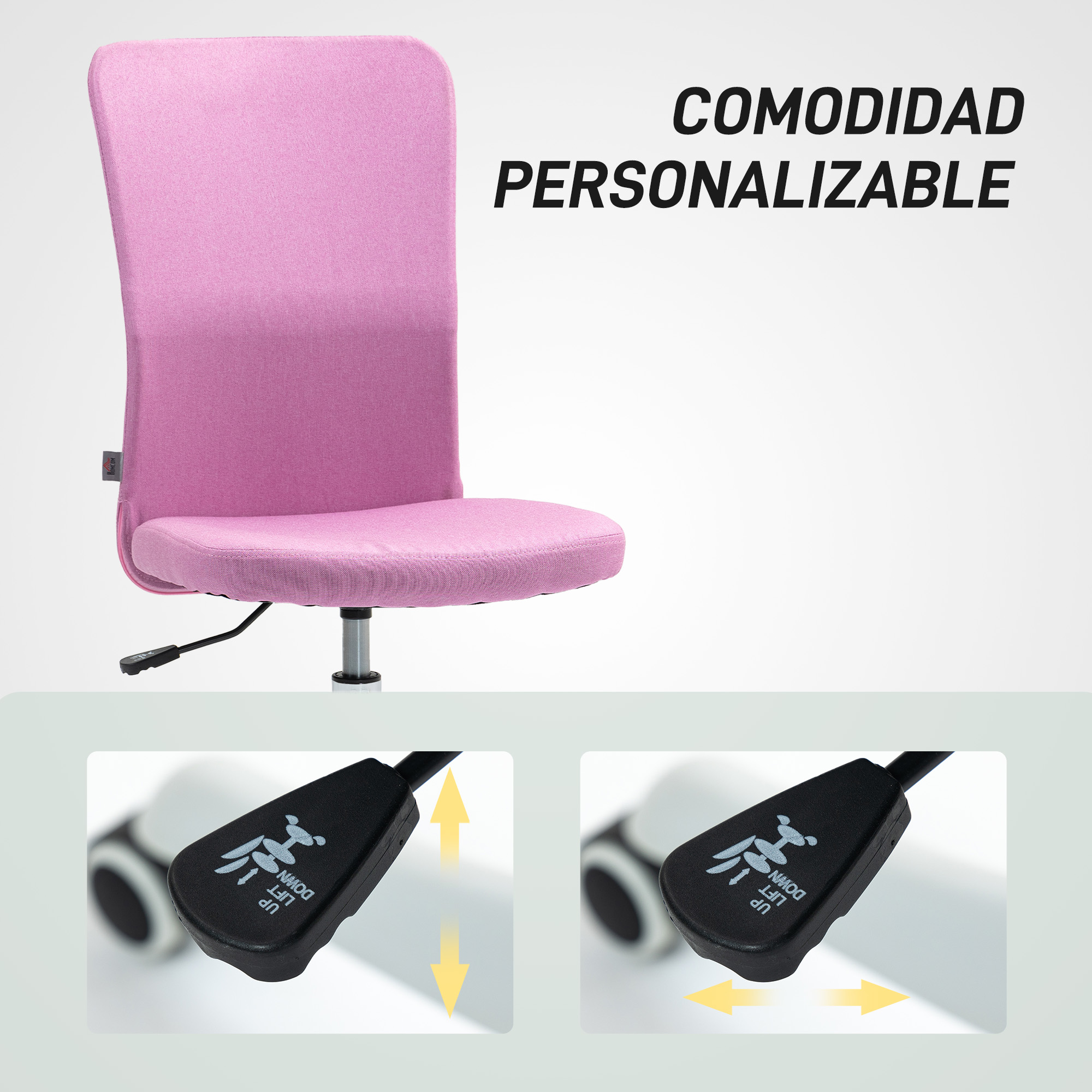 Silla de oficina rosa con apoyabrazos ajustables, con fotos de palancas para ajuste.