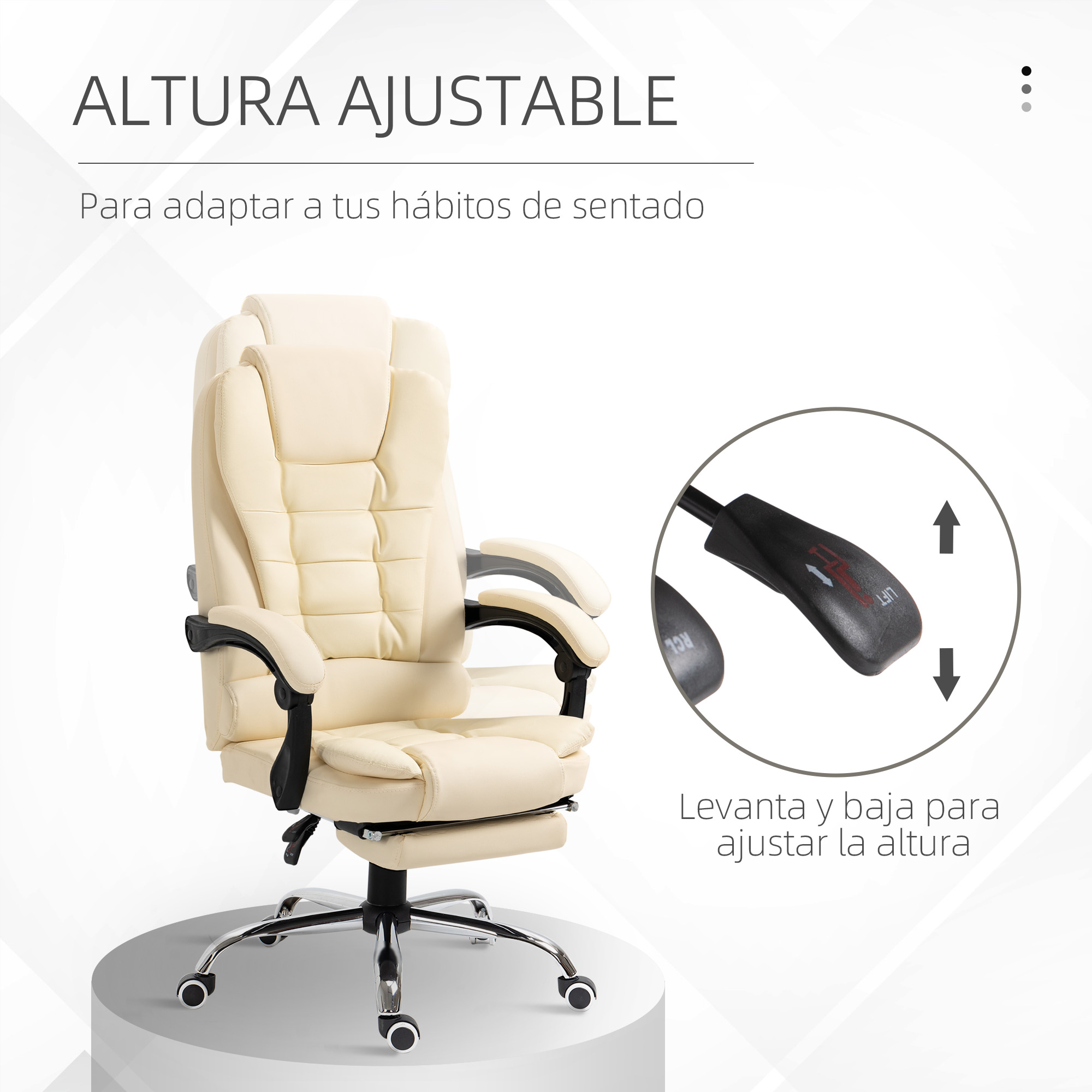 Silla de oficina color crema con altura ajustable. Palanca para ajustar la altura arriba y abajo.