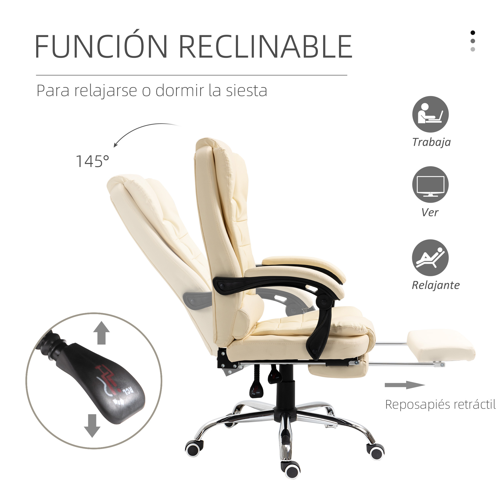 La imagen muestra una silla reclinada con reposapiés y una palanca para ajustar la silla.