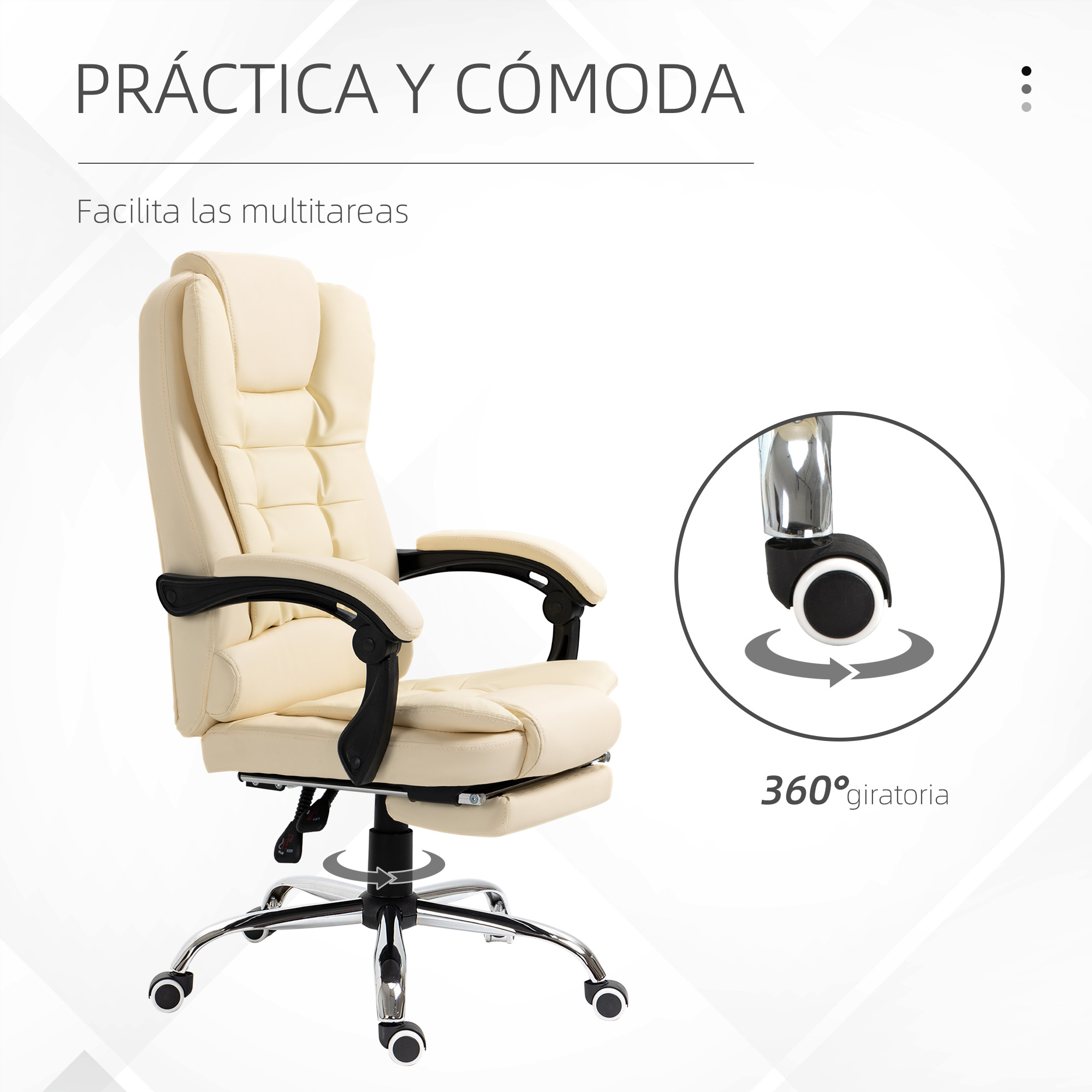 Silla de oficina de color crema con base cromada y ruedas, diseñada para girar 360 grados.