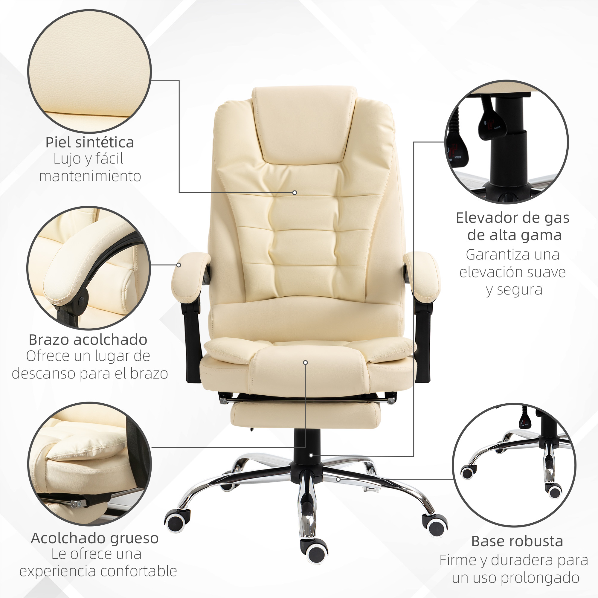 Una silla de oficina beige con descripciones de texto. Muestra cuero sintético, apoyabrazos acolchados y una base robusta.