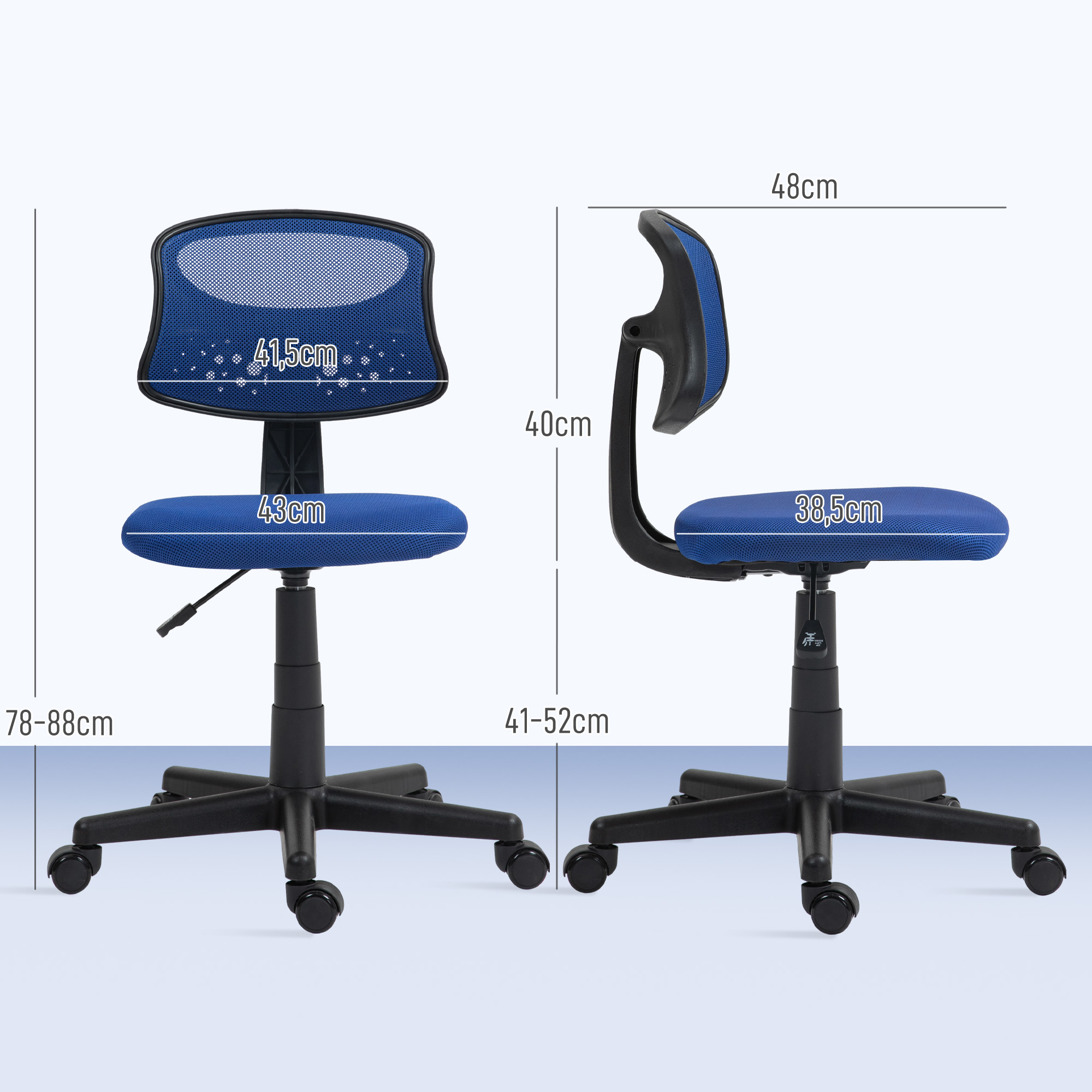 Una silla de oficina con respaldo de malla azul con dimensiones. Muestra las dimensiones del respaldo, el asiento y la silla en general.