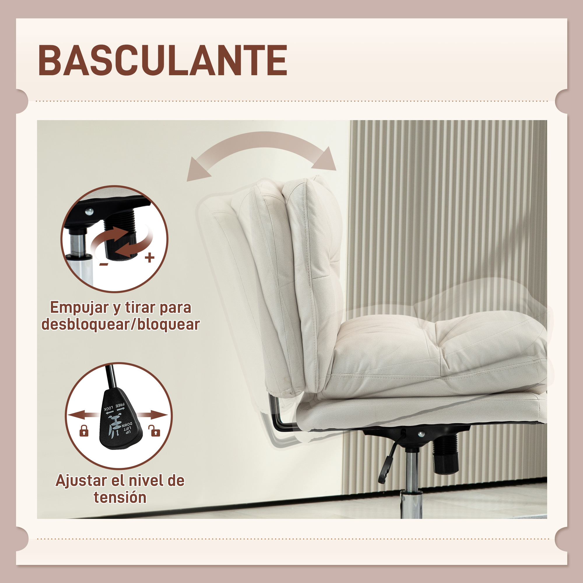 Una imagen de una silla de oficina reclinándose hacia atrás. Las instrucciones muestran cómo bloquear y ajustar la tensión.