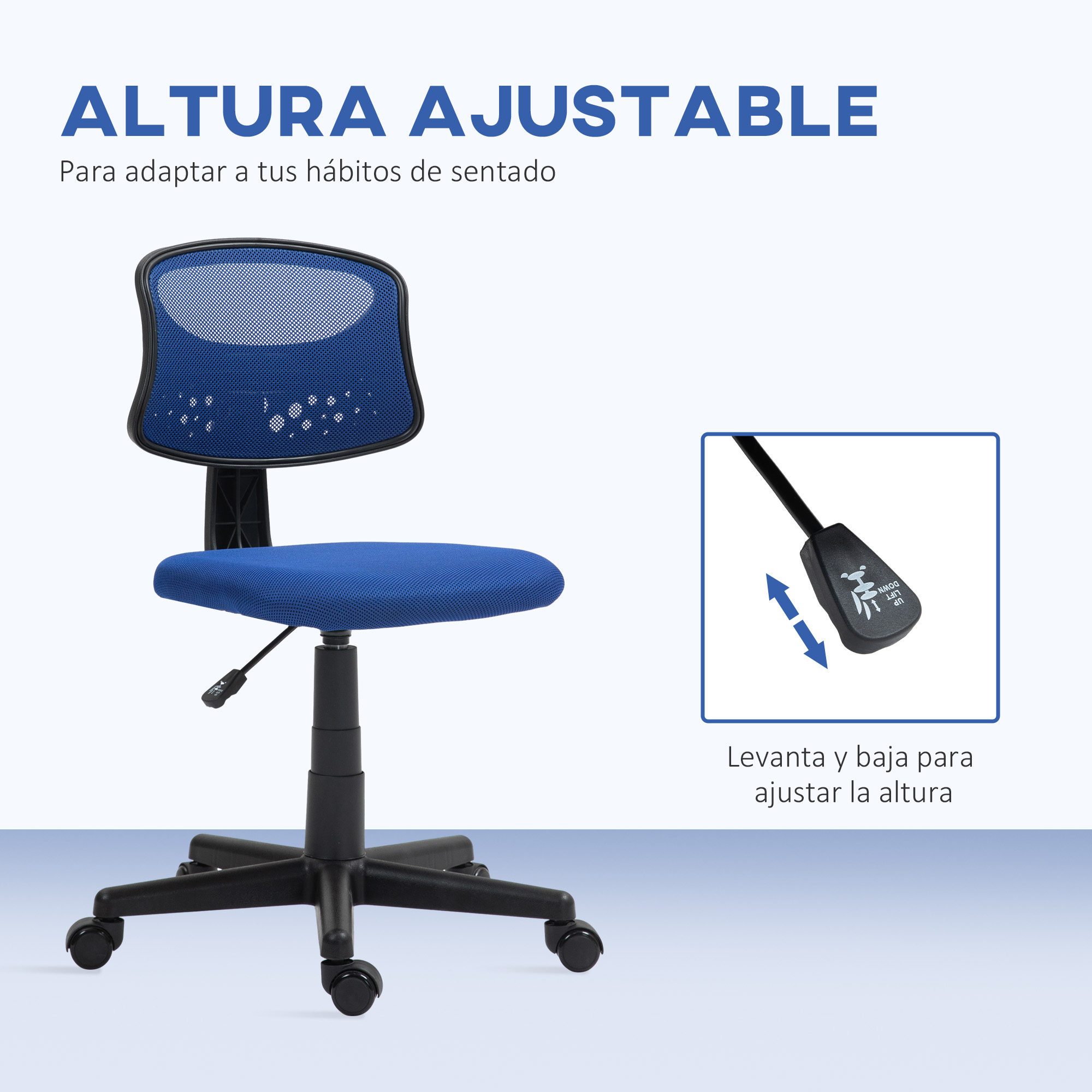 Una silla de oficina con respaldo de malla azul con altura ajustable. Tiene cinco ruedas negras y una palanca.