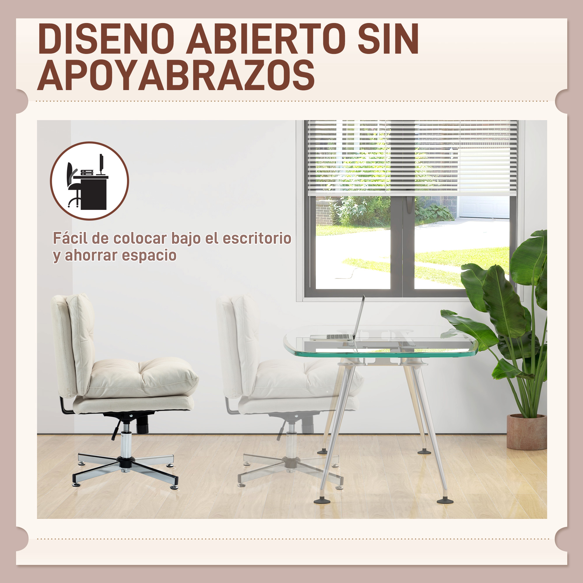 Una oficina con sillas blancas y una mesa de cristal. El texto dice 'DISEÑO ABIERTO SIN APOYABRAZOS'.