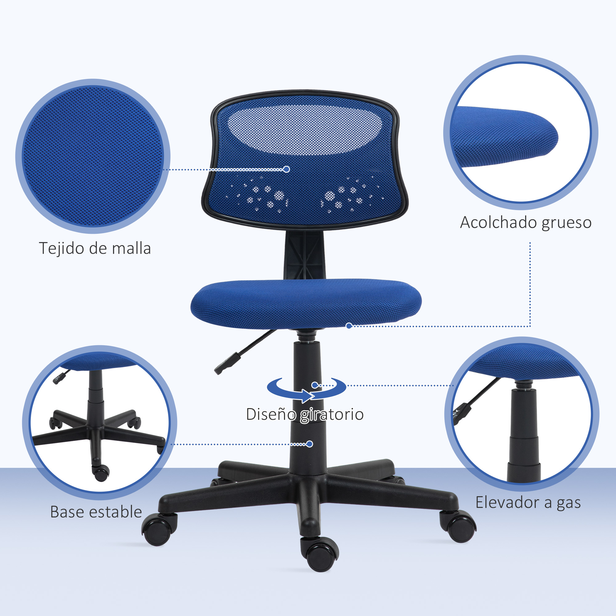 Silla de oficina con respaldo de malla azul. Se muestran detalles: malla, acolchado grueso, elevador de gas y base estable.
