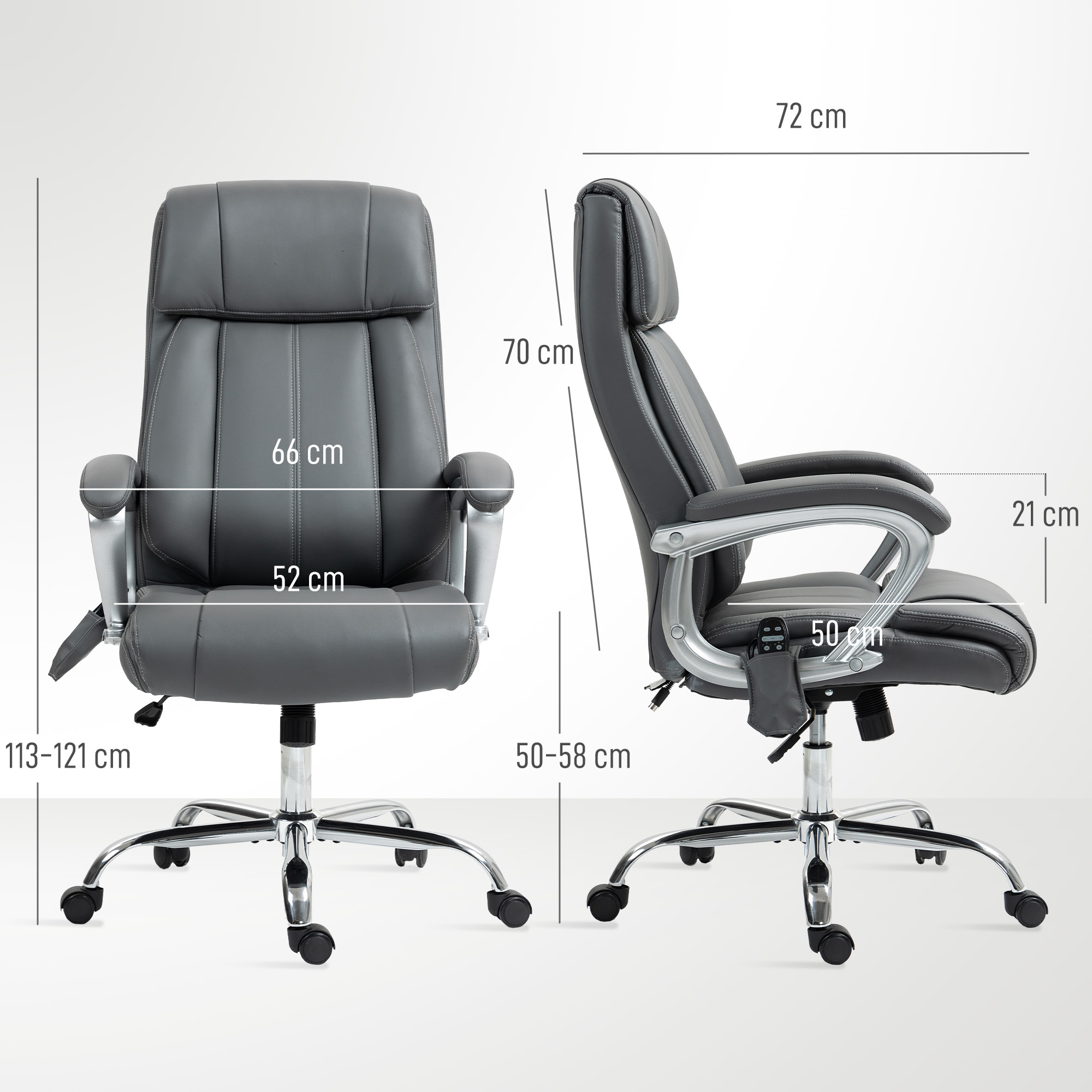 Un diagrama muestra las dimensiones de una silla de oficina gris desde las vistas frontal y lateral sobre un fondo blanco.