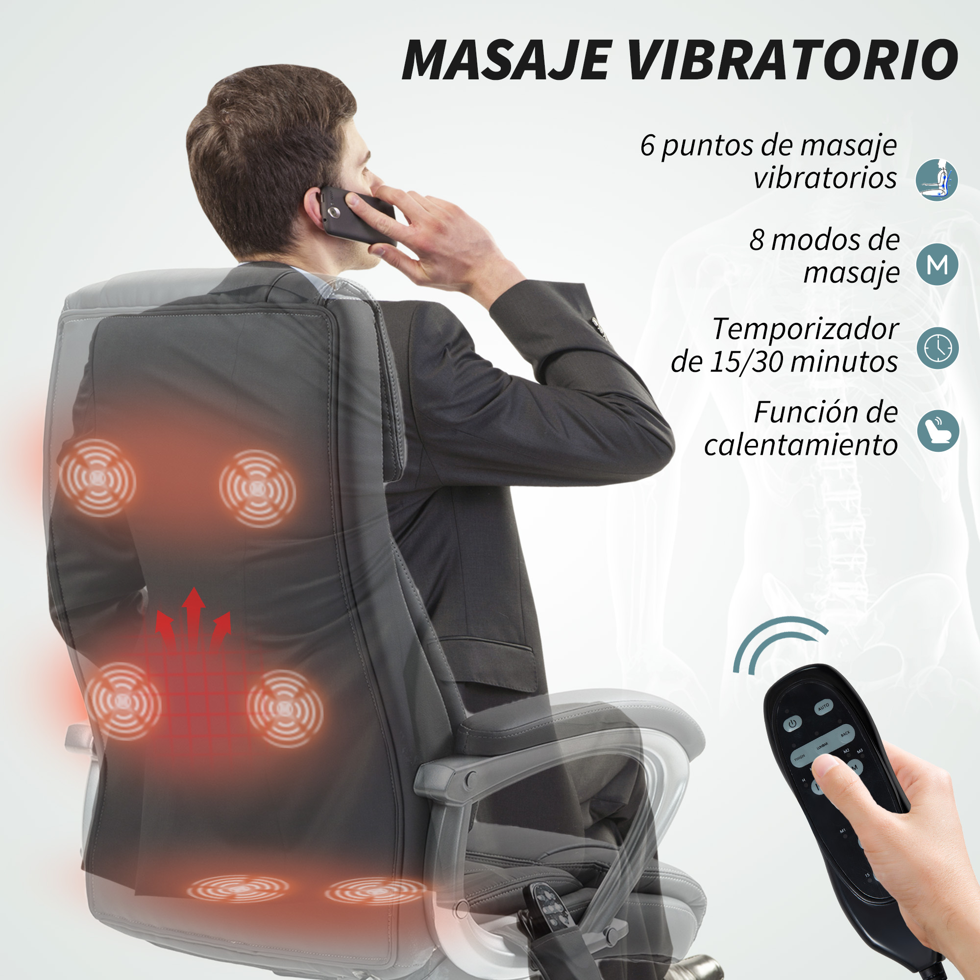 Silla de masaje negra con seis puntos de vibración, ocho modos de masaje y función de calor.