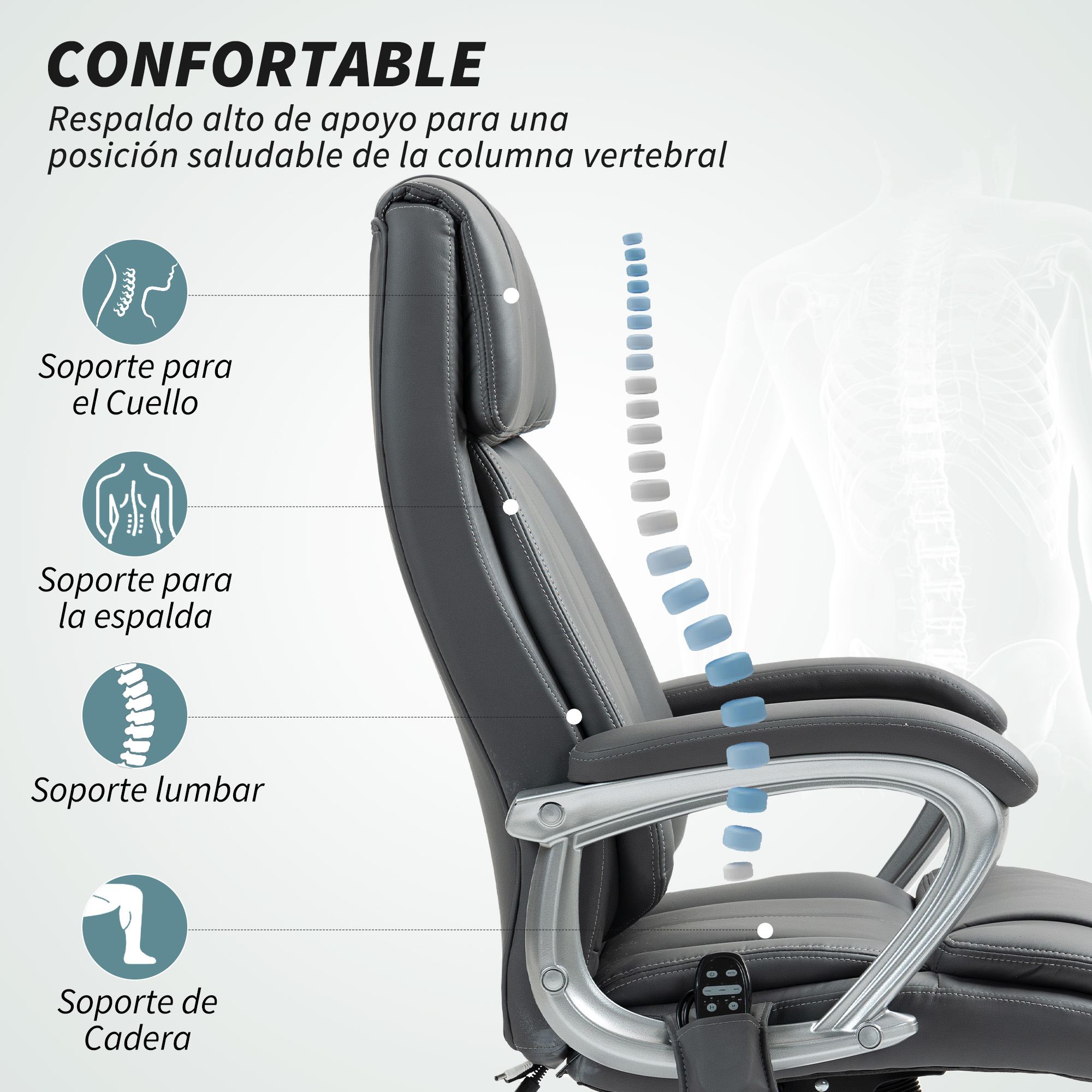 Diagrama que destaca las características de comodidad de una silla de oficina gris, incluido el soporte para el cuello, la espalda, la zona lumbar y la cadera.