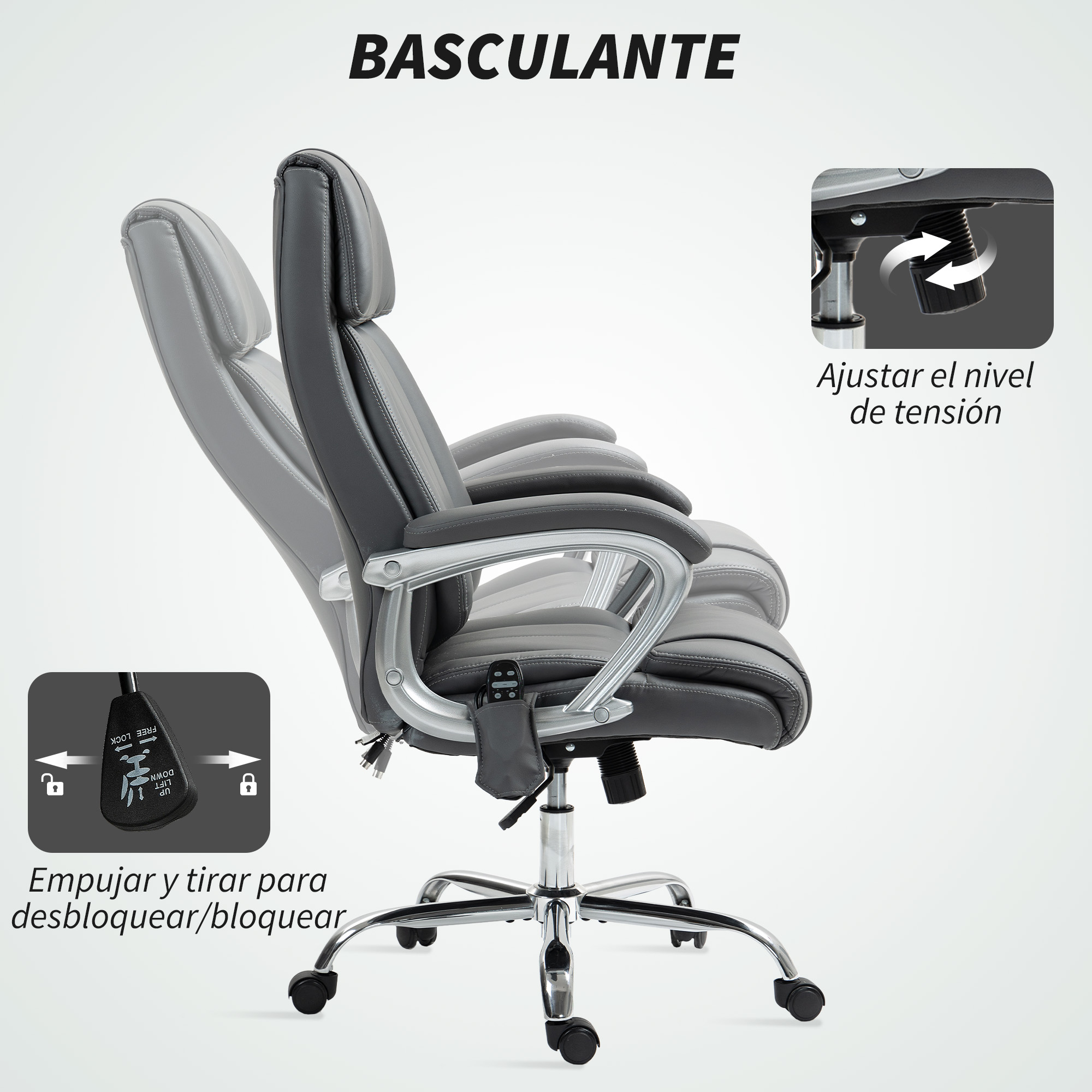 Una silla de oficina gris que se ajusta a diferentes ángulos, con texto que indica cómo ajustar la tensión.