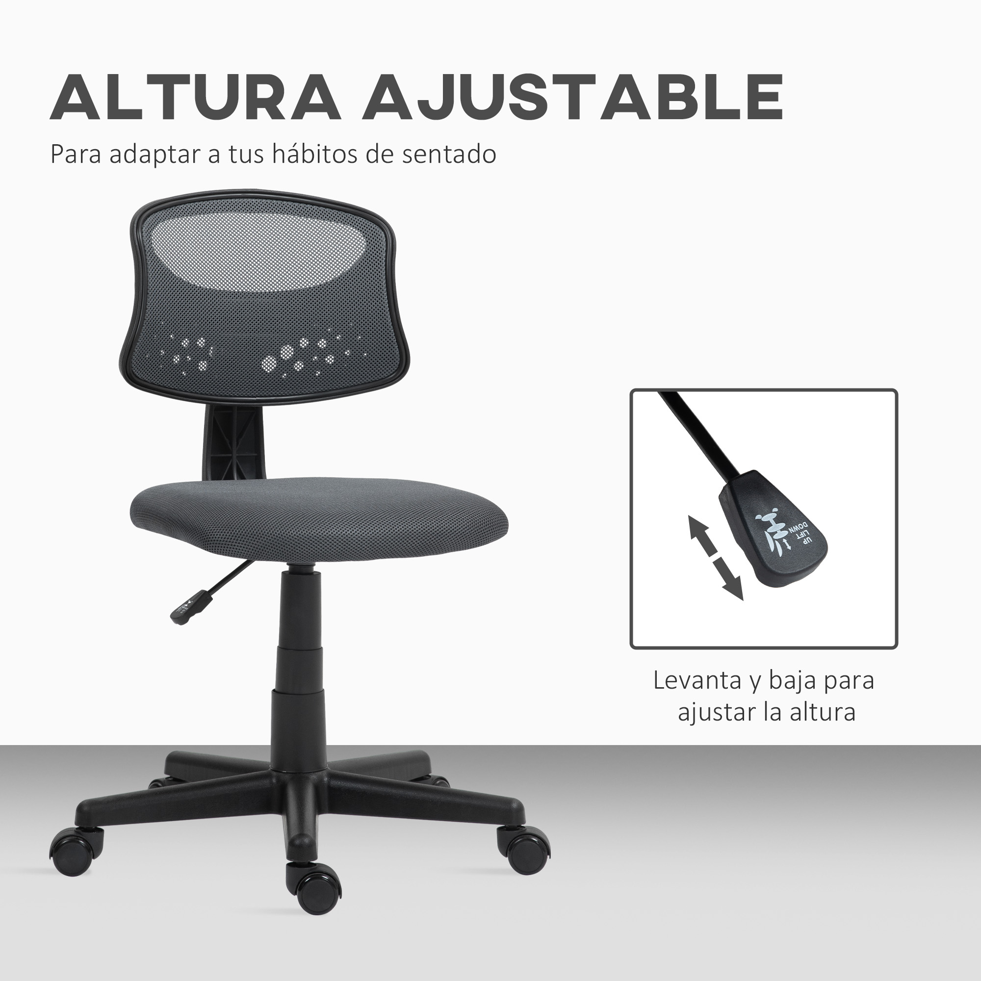 Silla de oficina con ajuste de altura. La silla es negra con asiento gris y respaldo de malla.