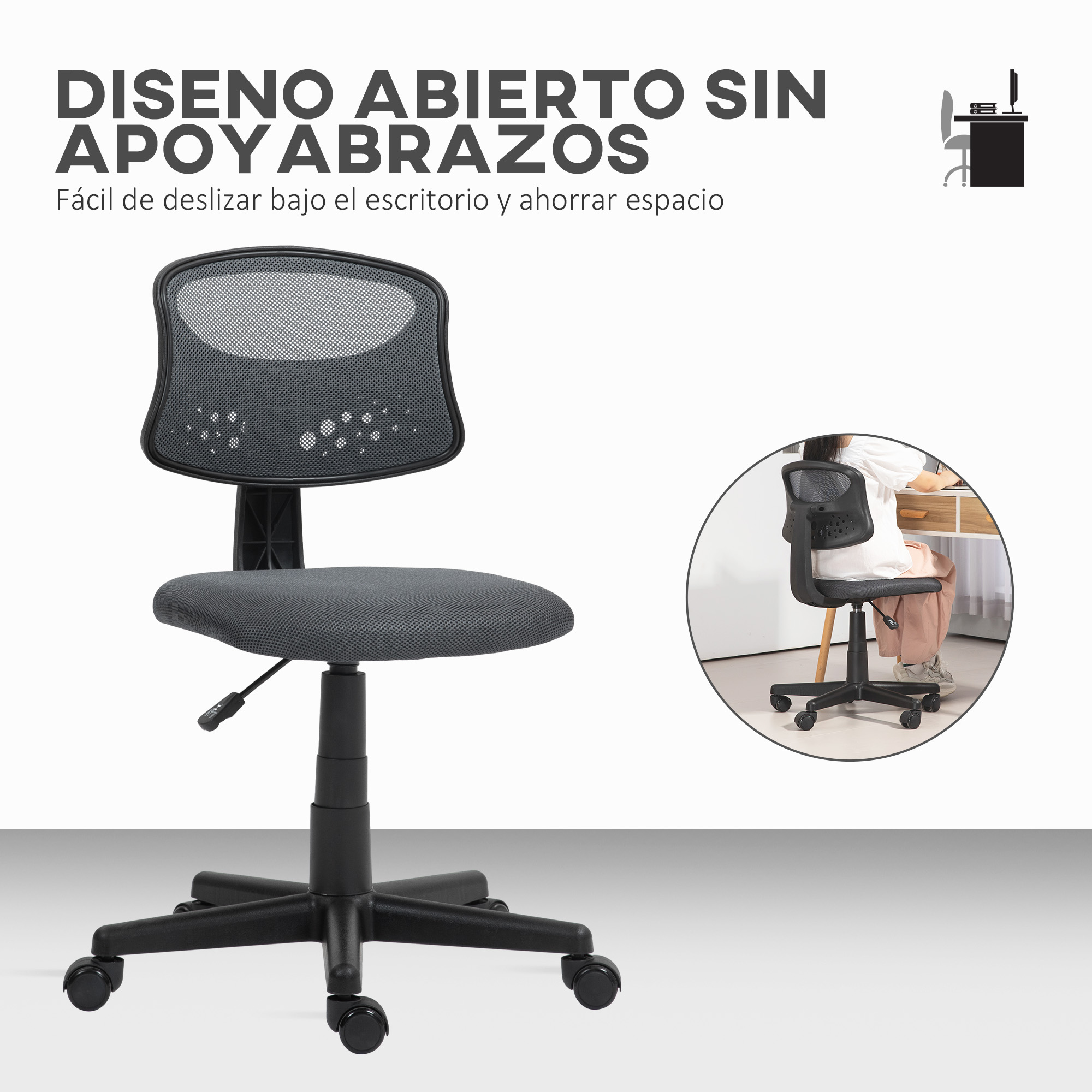 Silla de oficina sin reposabrazos. La silla es negra con respaldo de malla y asiento gris.