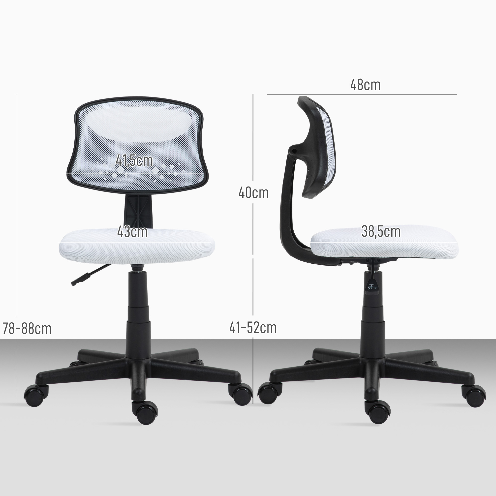 Dimensiones de una silla de oficina blanca. Incluye medidas de altura, ancho y respaldo.