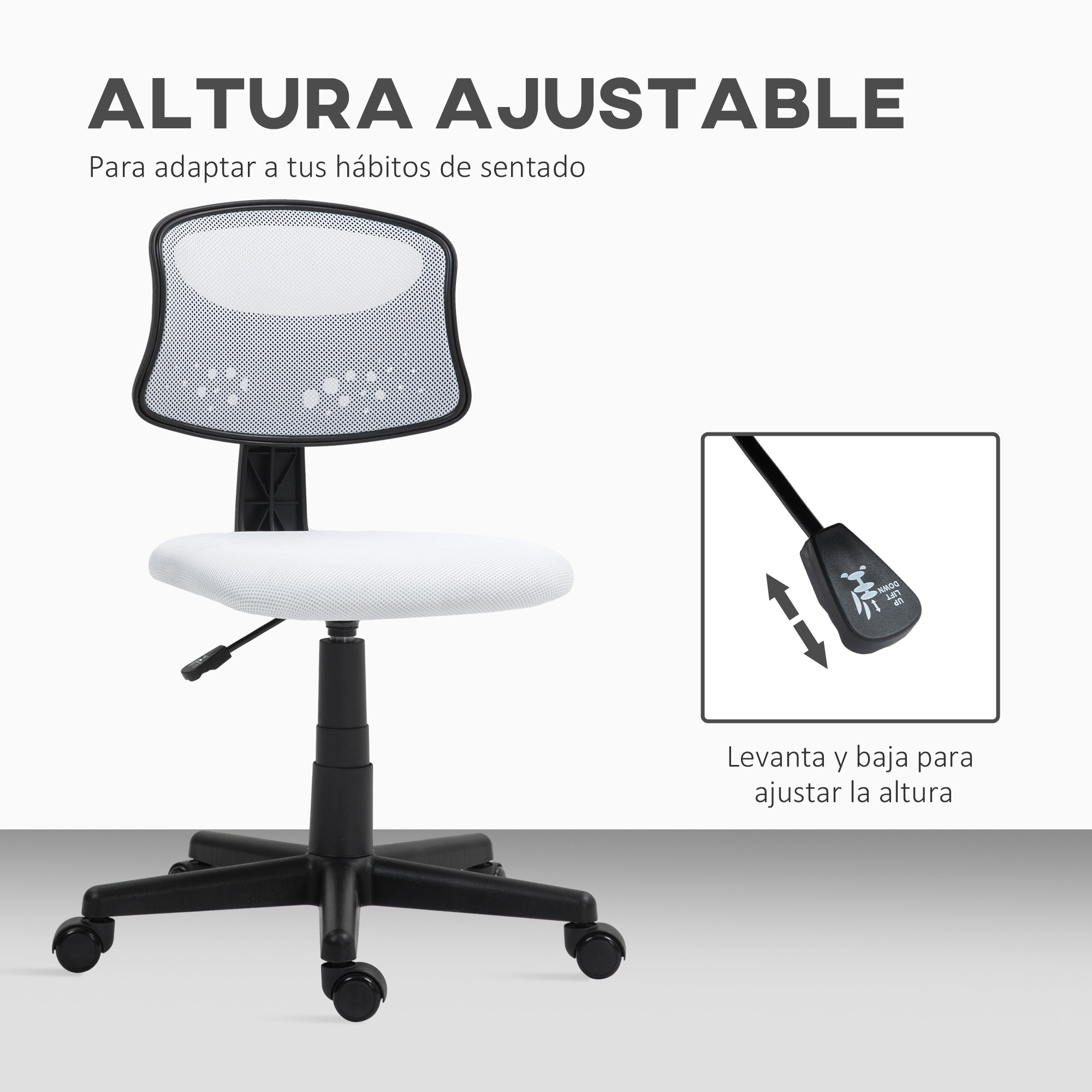 Silla de oficina blanca con altura ajustable. Base y respaldo negros. Control para subir o bajar.