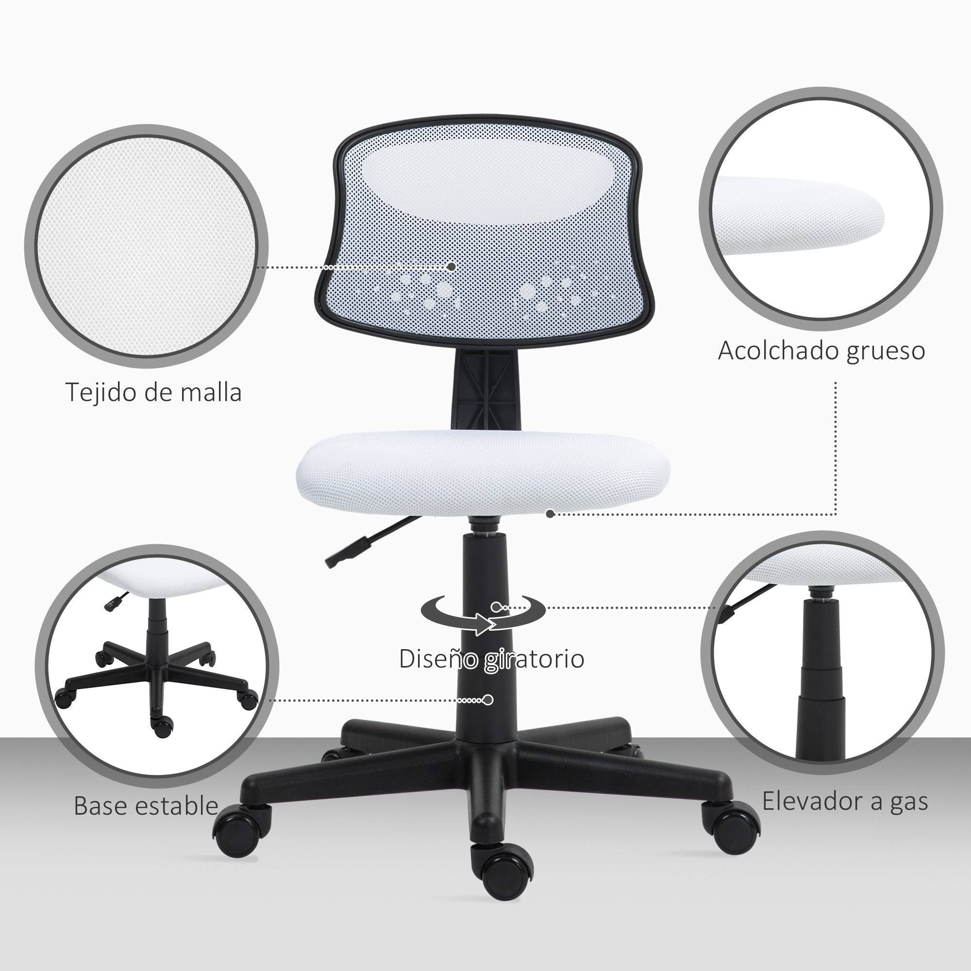 Detalles de silla de oficina. Respaldo y asiento de malla. Base negra, ruedas y mecanismo de elevación.