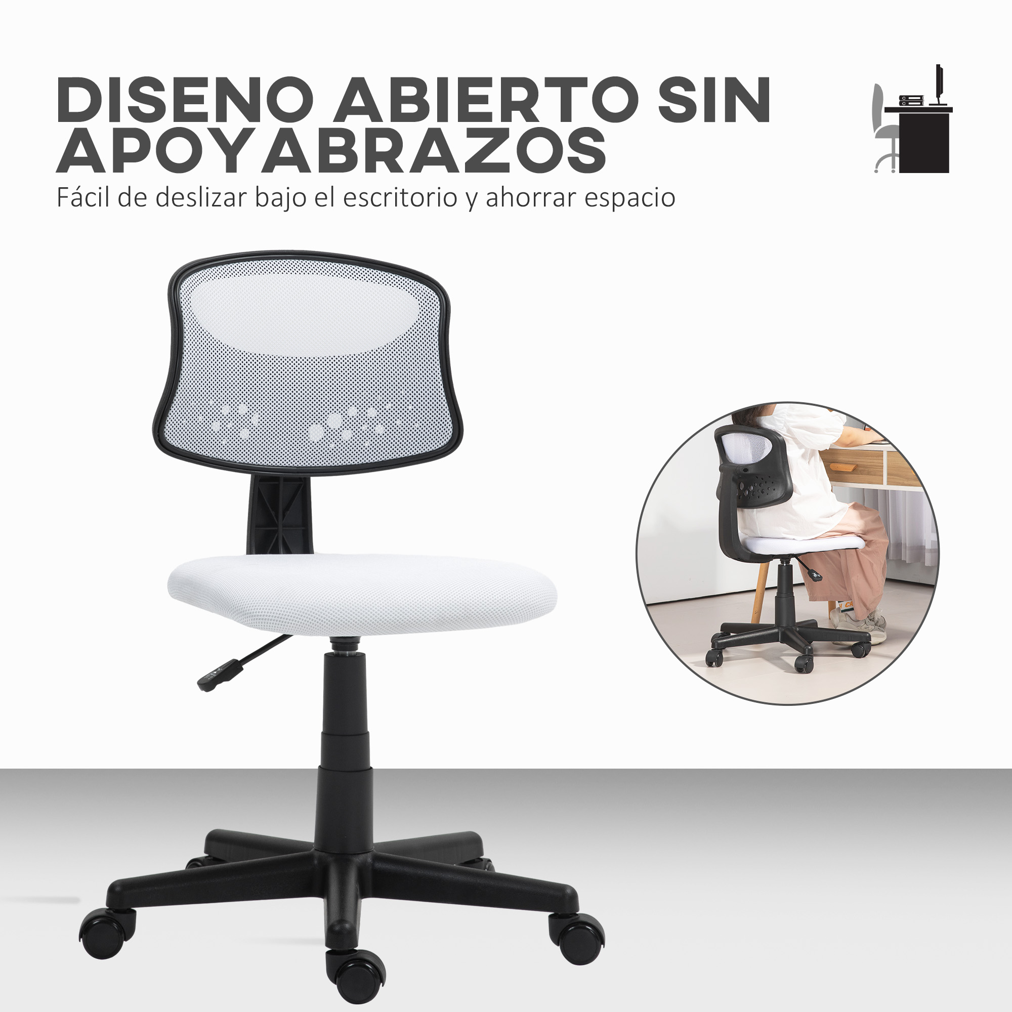 Silla de oficina blanca sin reposabrazos. Silla con base negra y asiento blanco, vista lateral.