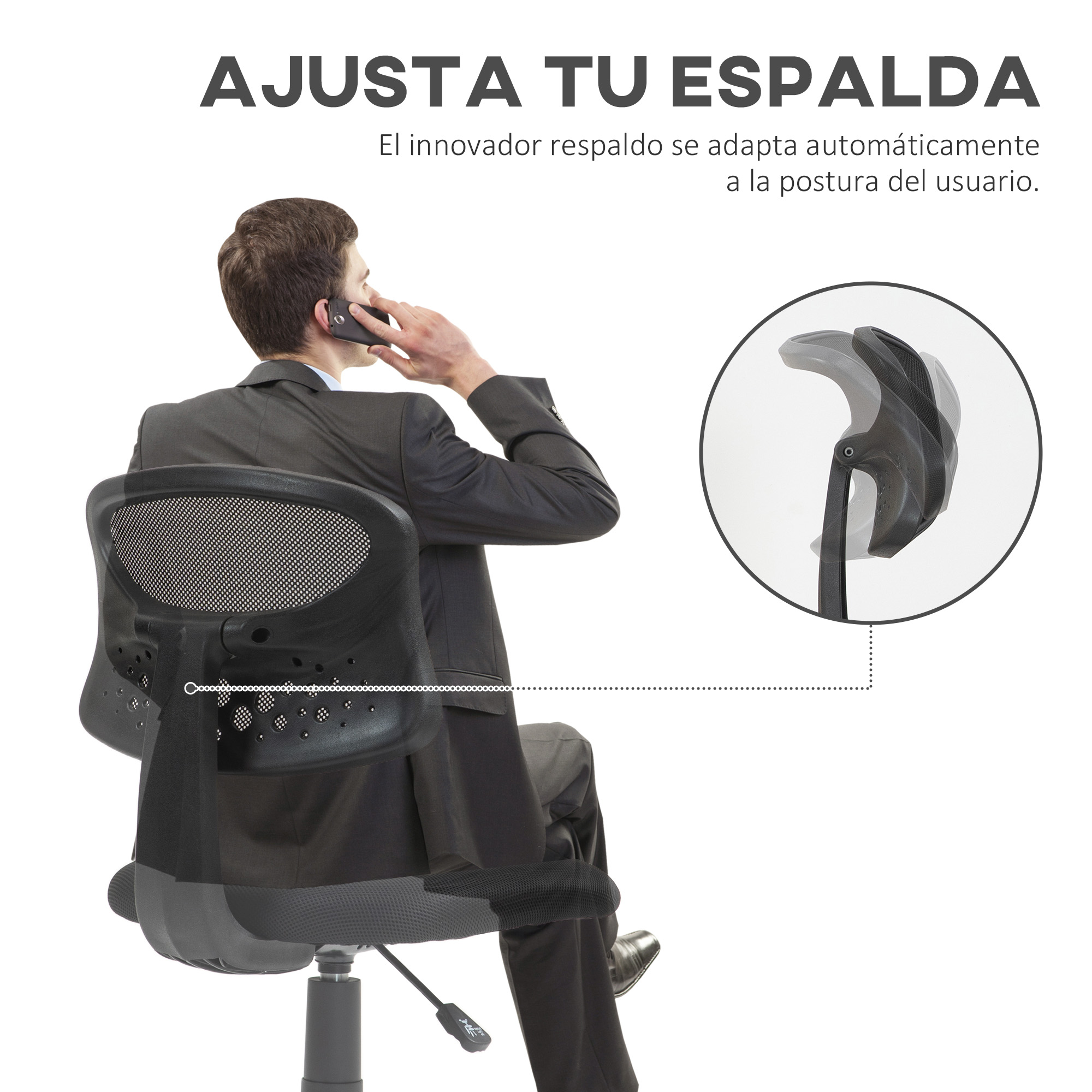 Un hombre en traje sentado en una silla de oficina negra, hablando por teléfono. Una ilustración muestra el respaldo.