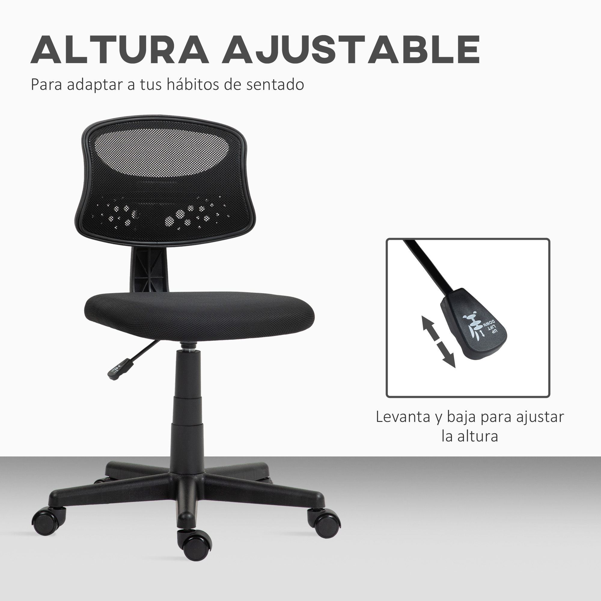 Silla negra con altura ajustable. Una flecha indica el mecanismo de ajuste de altura.