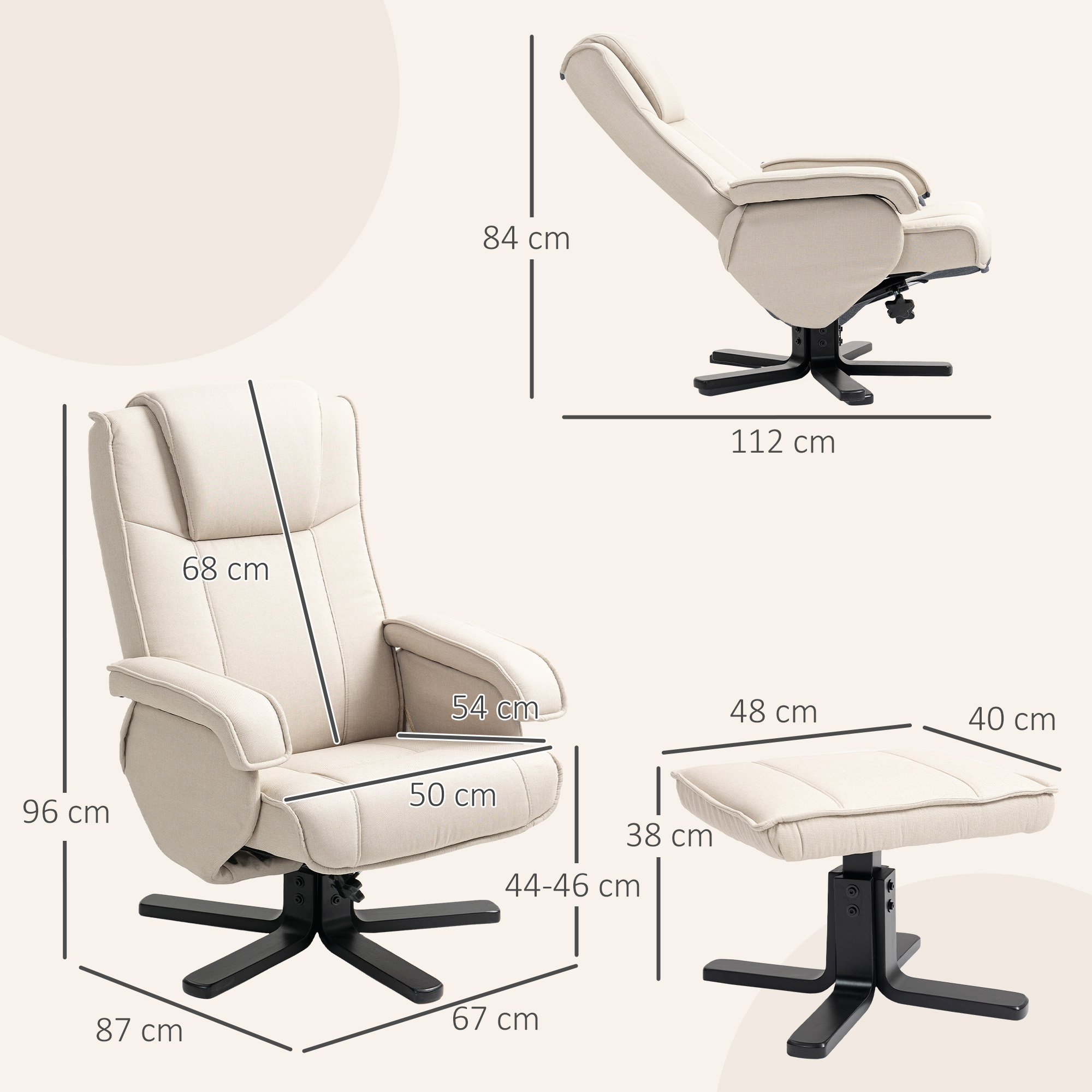 Sillón reclinable color crema con reposapiés. Dimensiones etiquetadas. La silla está reclinada.