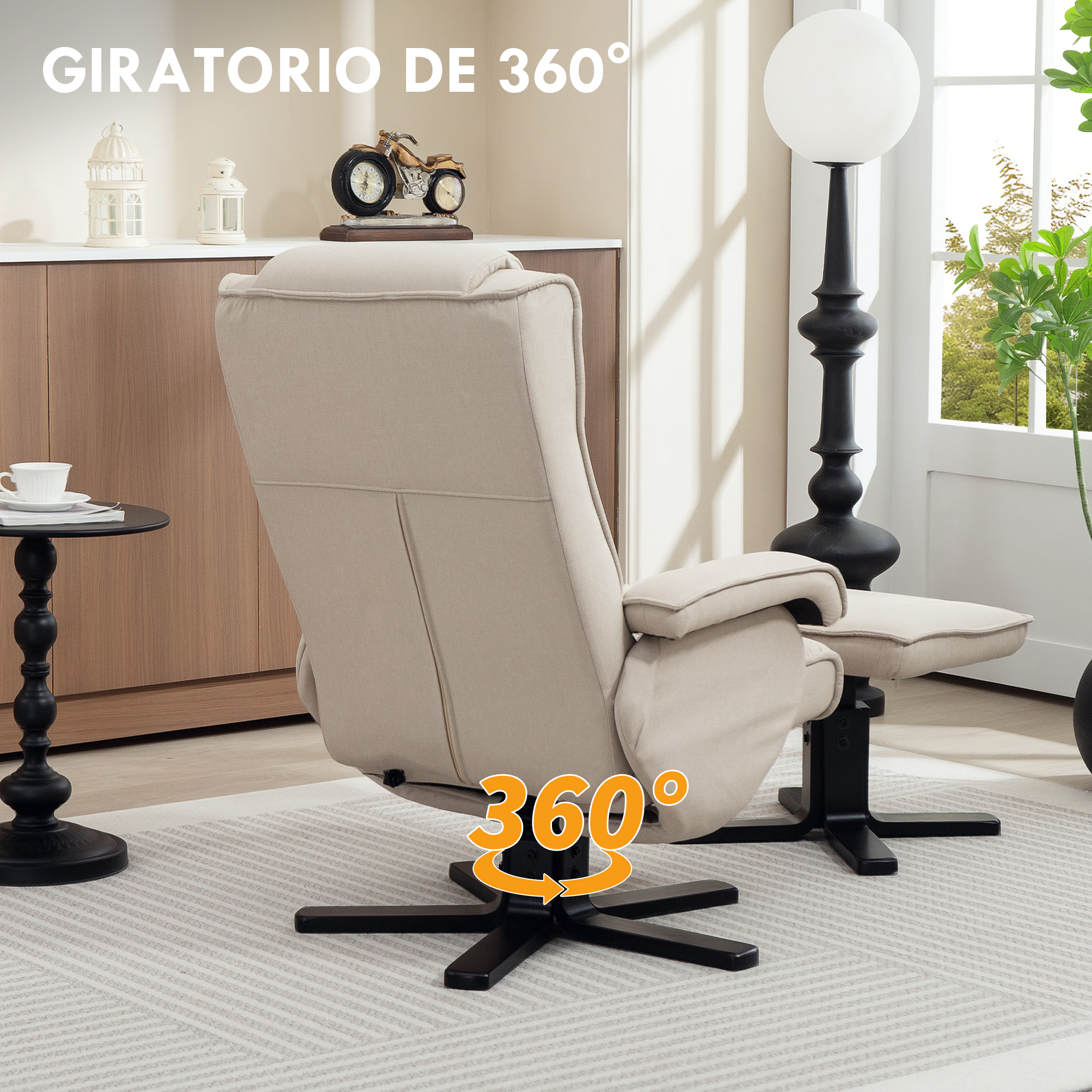 Parte trasera de un sillón reclinable con base giratoria de 360 grados y reposapiés en una habitación.