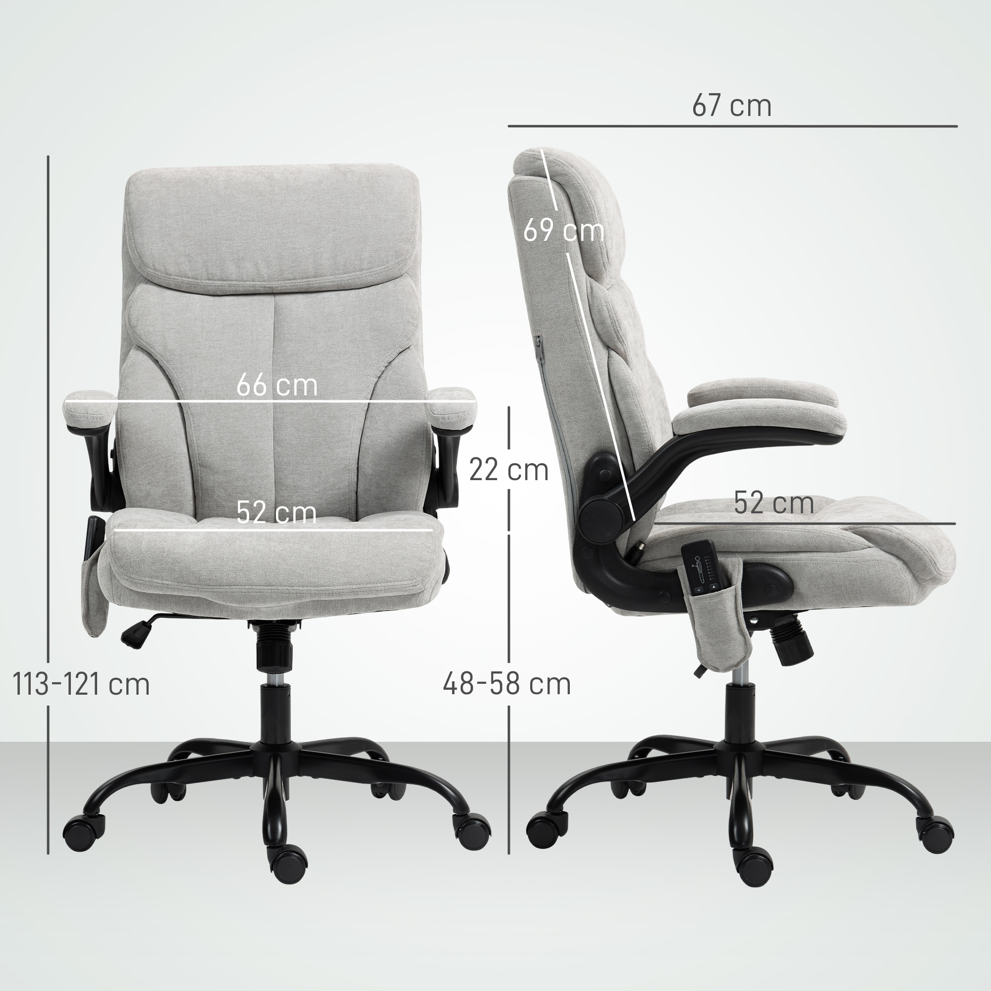 Dimensiones de la silla de oficina, incluyendo medidas de altura, ancho y profundidad.