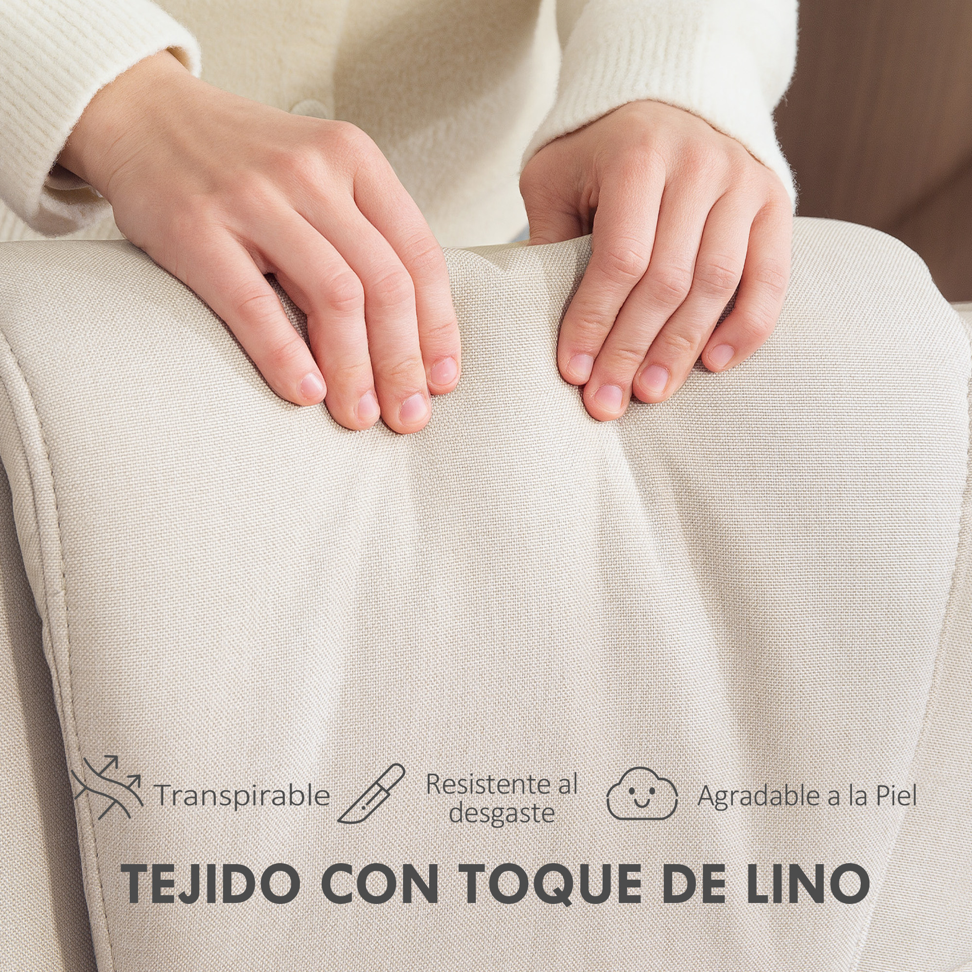 Primer plano de una silla de tela beige similar al lino con características transpirables.